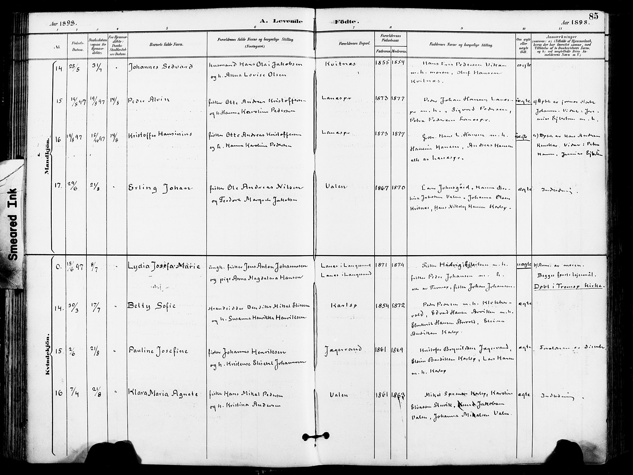 Karlsøy sokneprestembete, AV/SATØ-S-1299/H/Ha/Haa/L0007kirke: Ministerialbok nr. 7, 1891-1902, s. 85