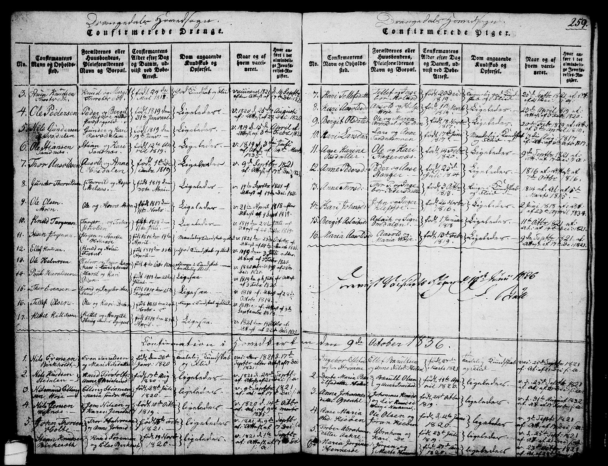 Drangedal kirkebøker, AV/SAKO-A-258/G/Ga/L0001: Klokkerbok nr. I 1 /1, 1814-1856, s. 259