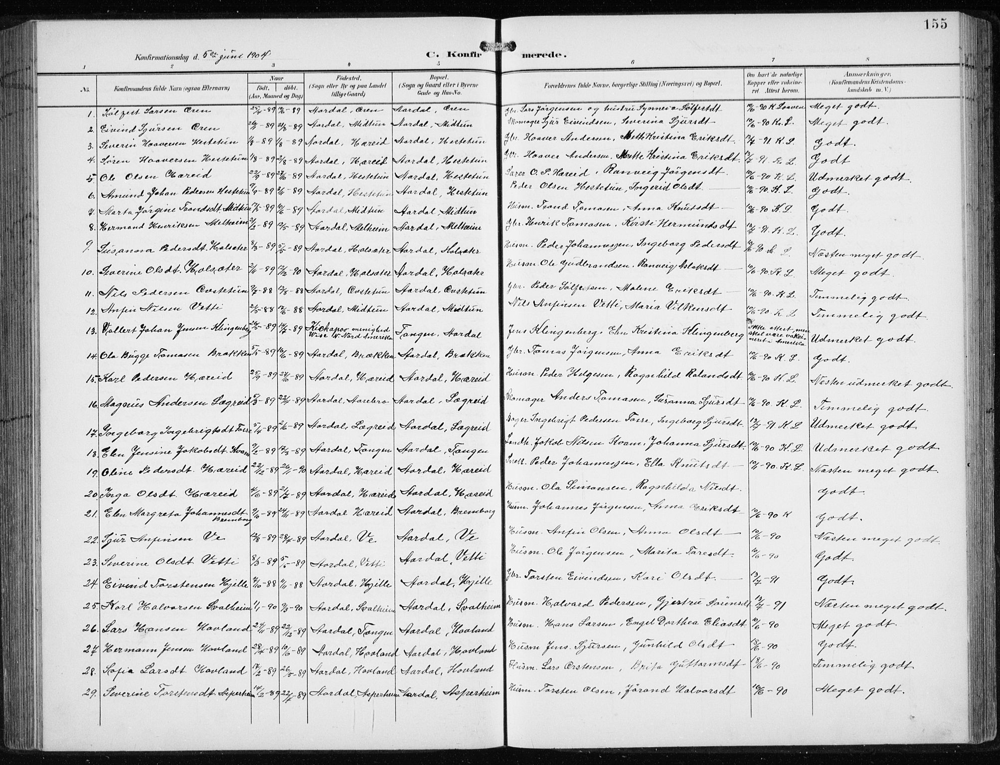 Årdal sokneprestembete, AV/SAB-A-81701: Klokkerbok nr. A 2, 1899-1939, s. 155