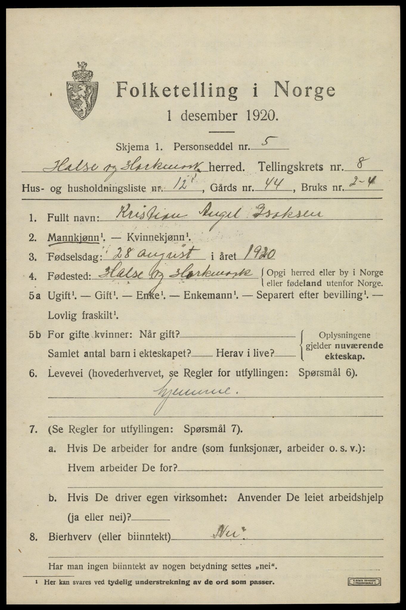 SAK, Folketelling 1920 for 1019 Halse og Harkmark herred, 1920, s. 4439