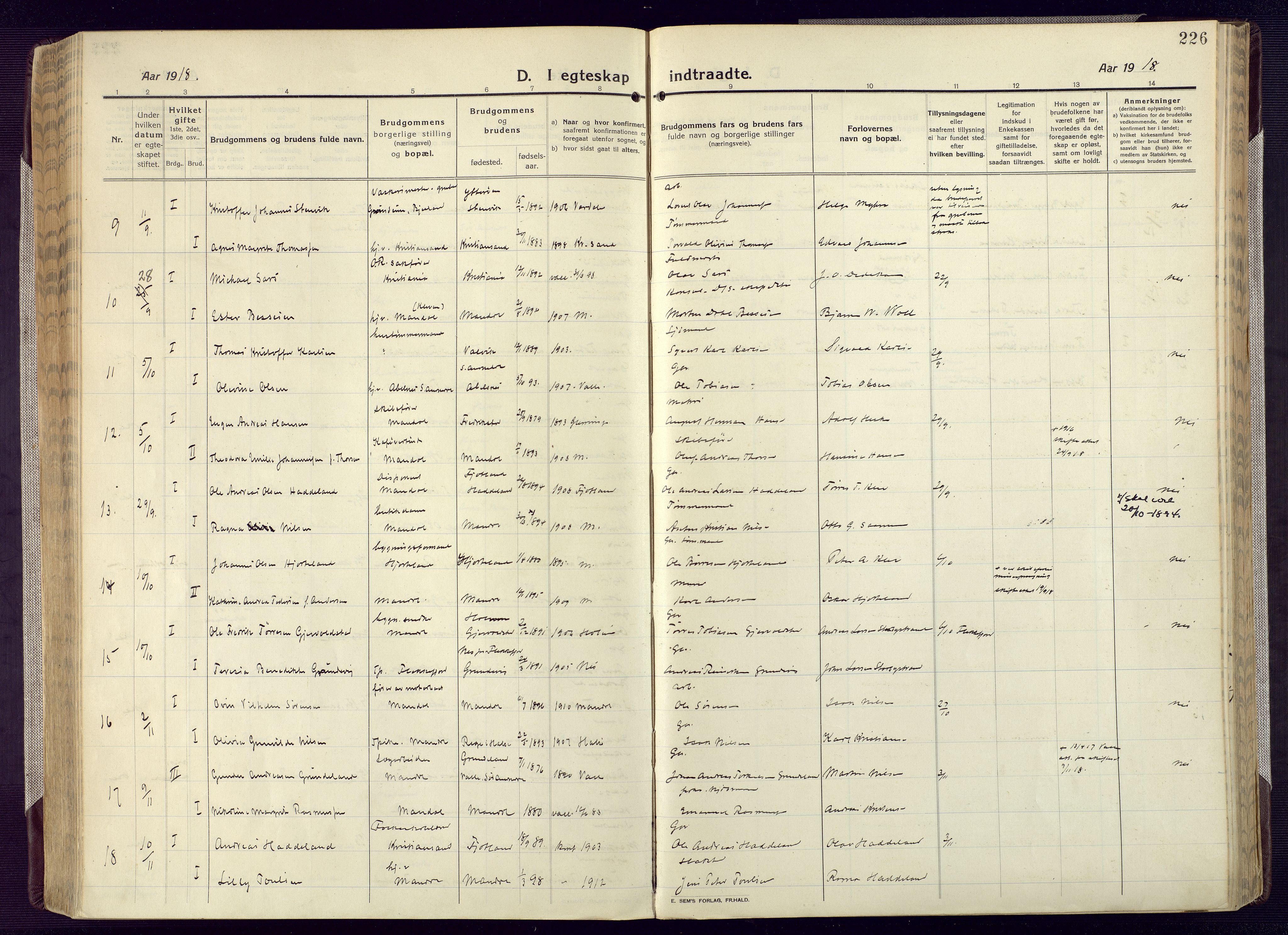 Mandal sokneprestkontor, SAK/1111-0030/F/Fa/Fac/L0001: Ministerialbok nr. A 1, 1913-1925, s. 226