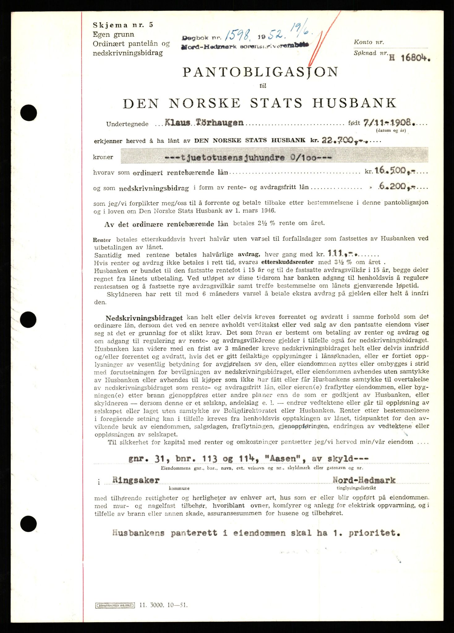 Nord-Hedmark sorenskriveri, SAH/TING-012/H/Hb/Hbf/L0025: Pantebok nr. B25, 1952-1952, Dagboknr: 1598/1952