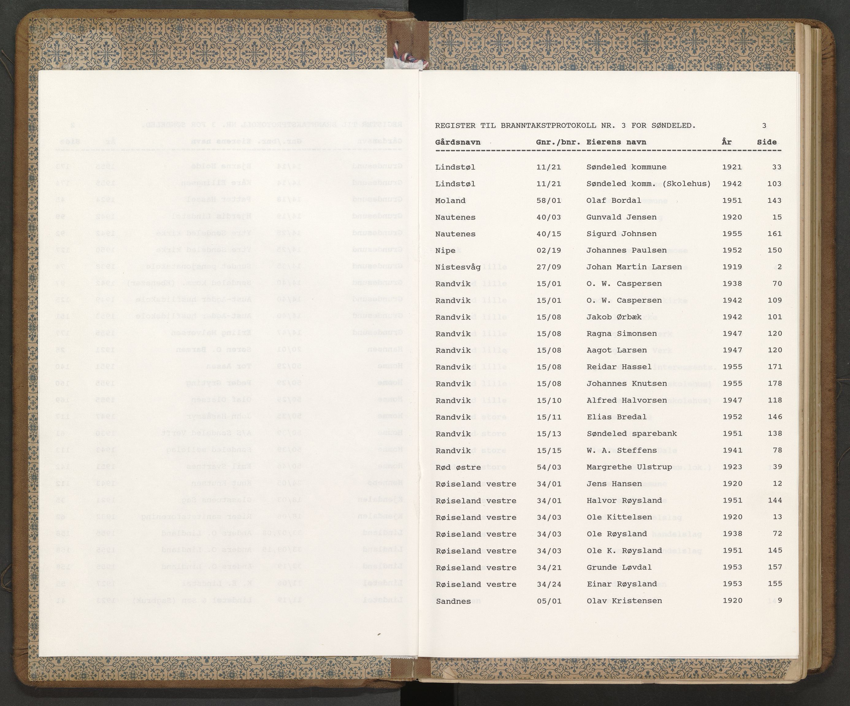 Norges Brannkasse Søndeled, AV/SAK-2241-0047/F/Fa/L0003: Branntakstprotokoll nr 3 med gårdsnavnregister, 1919-1956