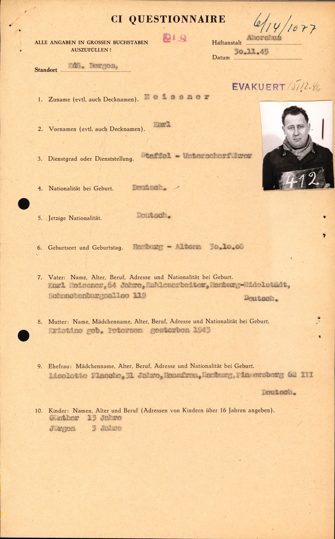 Forsvaret, Forsvarets overkommando II, RA/RAFA-3915/D/Db/L0021: CI Questionaires. Tyske okkupasjonsstyrker i Norge. Tyskere., 1945-1946, s. 341