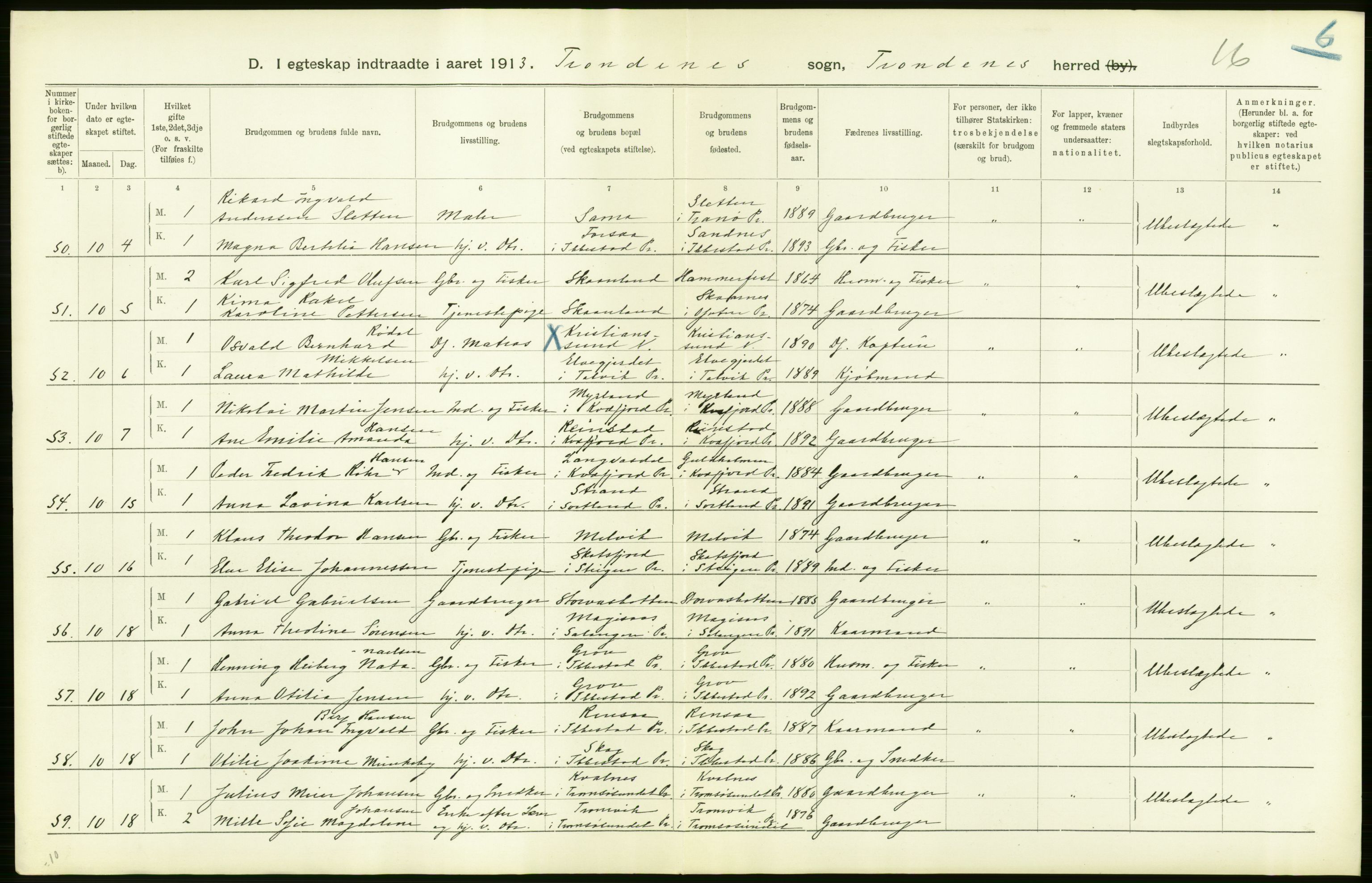 Statistisk sentralbyrå, Sosiodemografiske emner, Befolkning, AV/RA-S-2228/D/Df/Dfb/Dfbc/L0047: Tromsø amt: Gifte, døde, dødfødte. Bygder og byer., 1913, s. 18