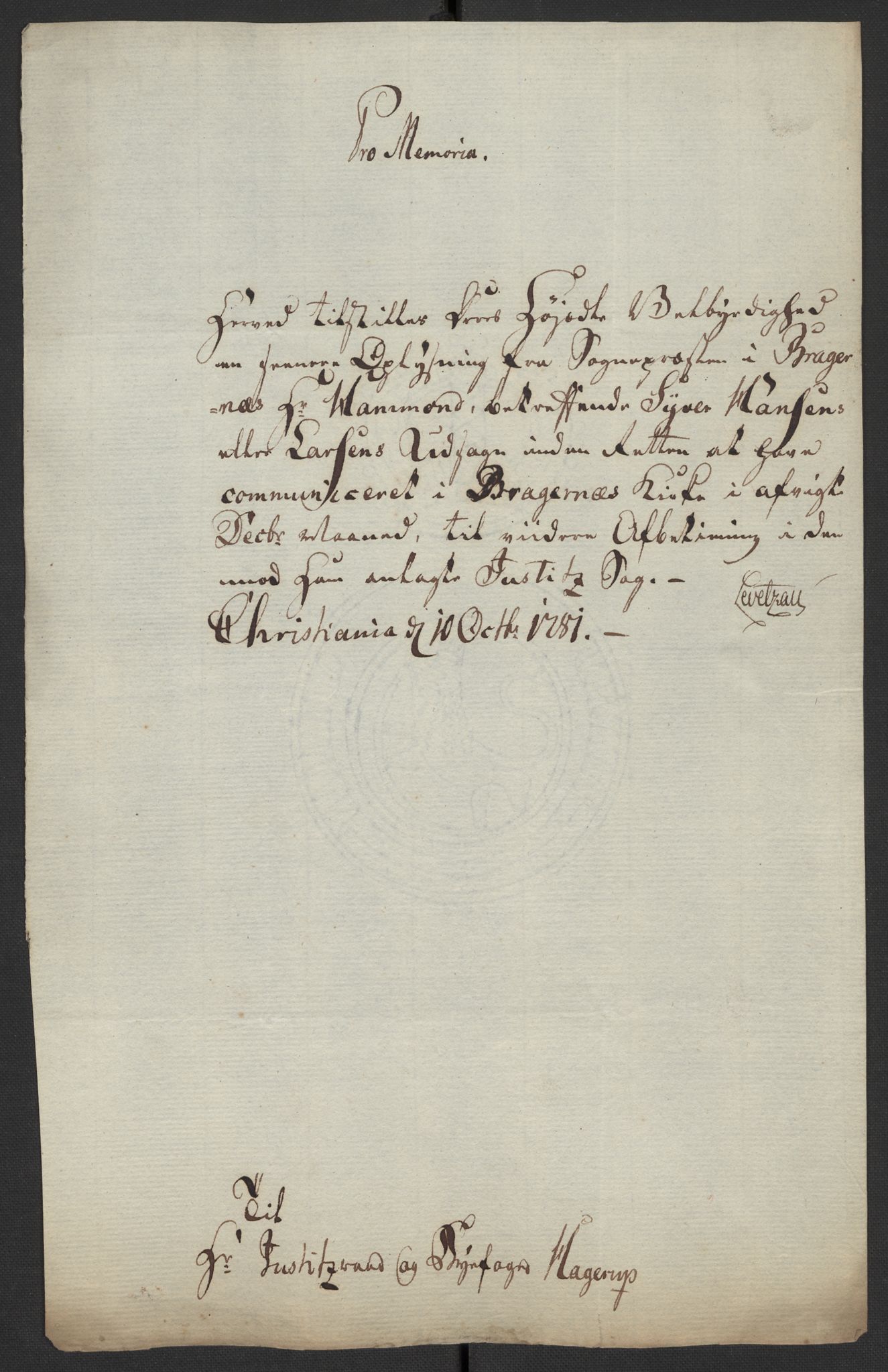Oslo politidistrikt, AV/SAO-A-10085/D/Da/L0003: Innkomne brev, pro memoria m.v., 1781, s. 44