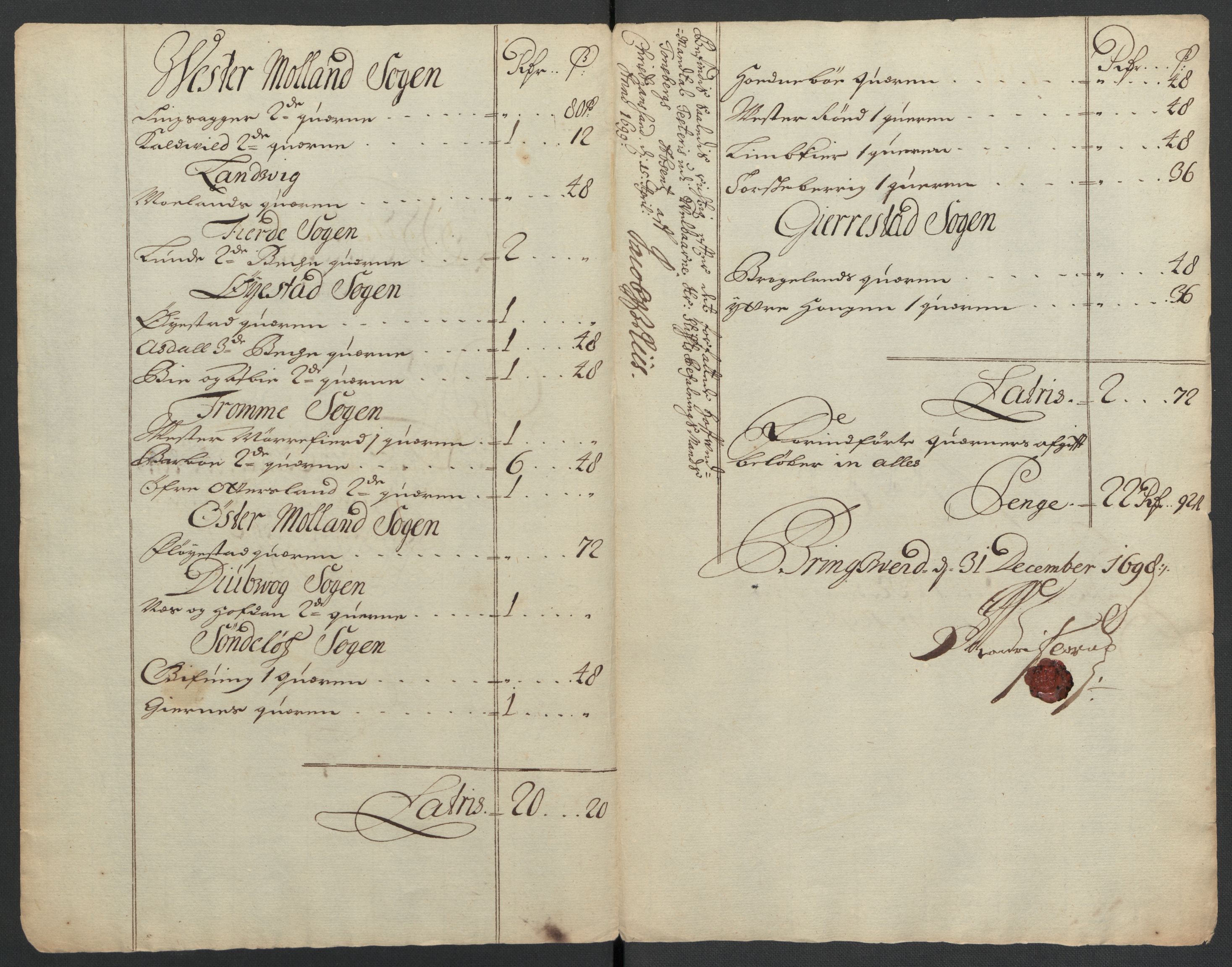 Rentekammeret inntil 1814, Reviderte regnskaper, Fogderegnskap, AV/RA-EA-4092/R39/L2314: Fogderegnskap Nedenes, 1698-1699, s. 48