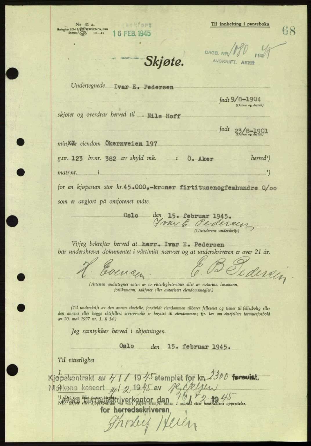 Aker herredsskriveri, SAO/A-10896/G/Gb/Gba/Gbab/L0063: Pantebok nr. A184-185, 1944-1945, Dagboknr: 1080/1945