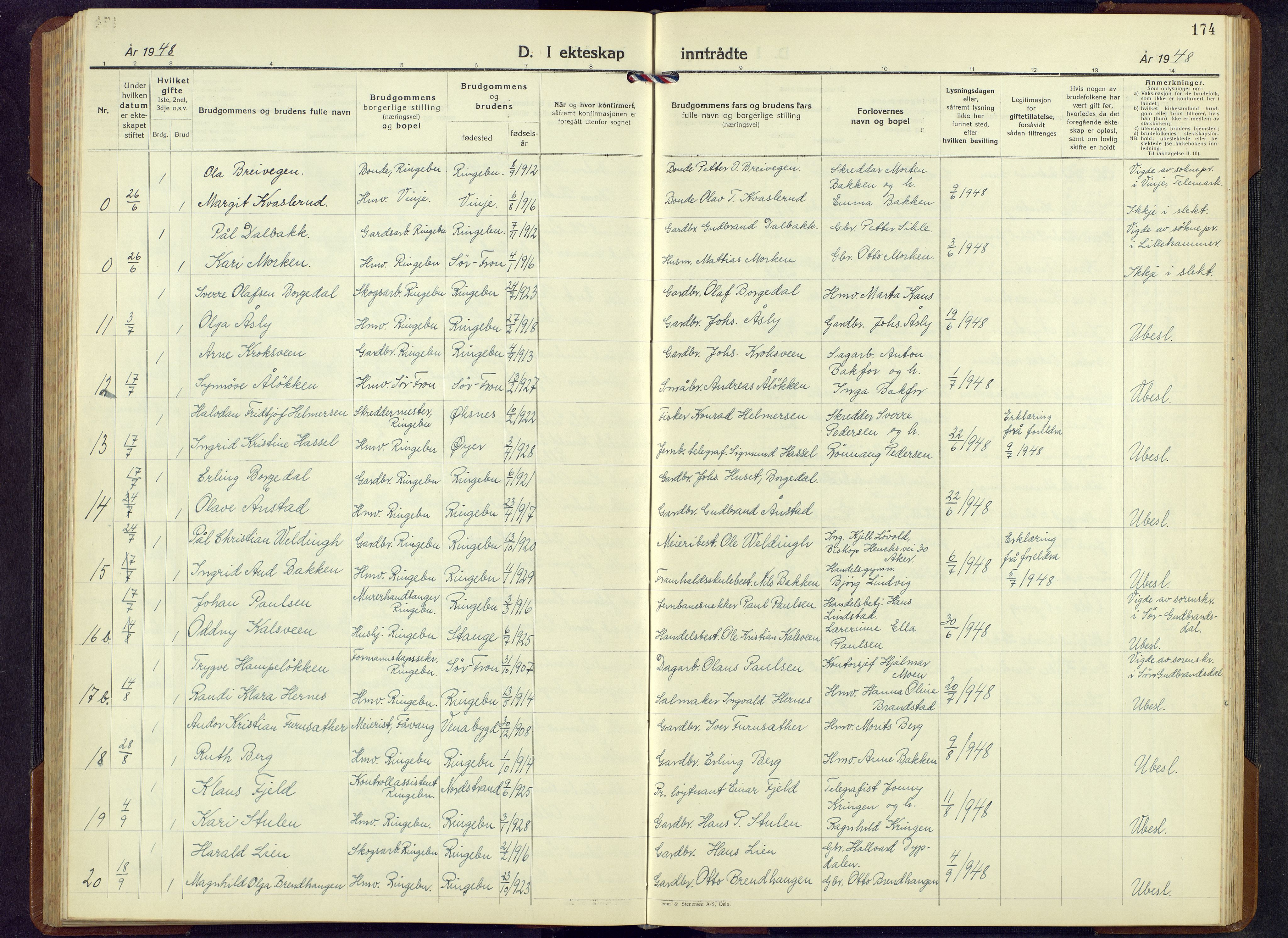 Ringebu prestekontor, SAH/PREST-082/H/Ha/Hab/L0013: Klokkerbok nr. 13, 1943-1956, s. 174