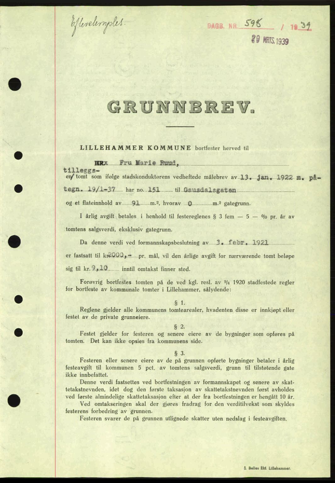 Sør-Gudbrandsdal tingrett, SAH/TING-004/H/Hb/Hbd/L0006: Pantebok nr. A6, 1939-1939, Dagboknr: 598/1939