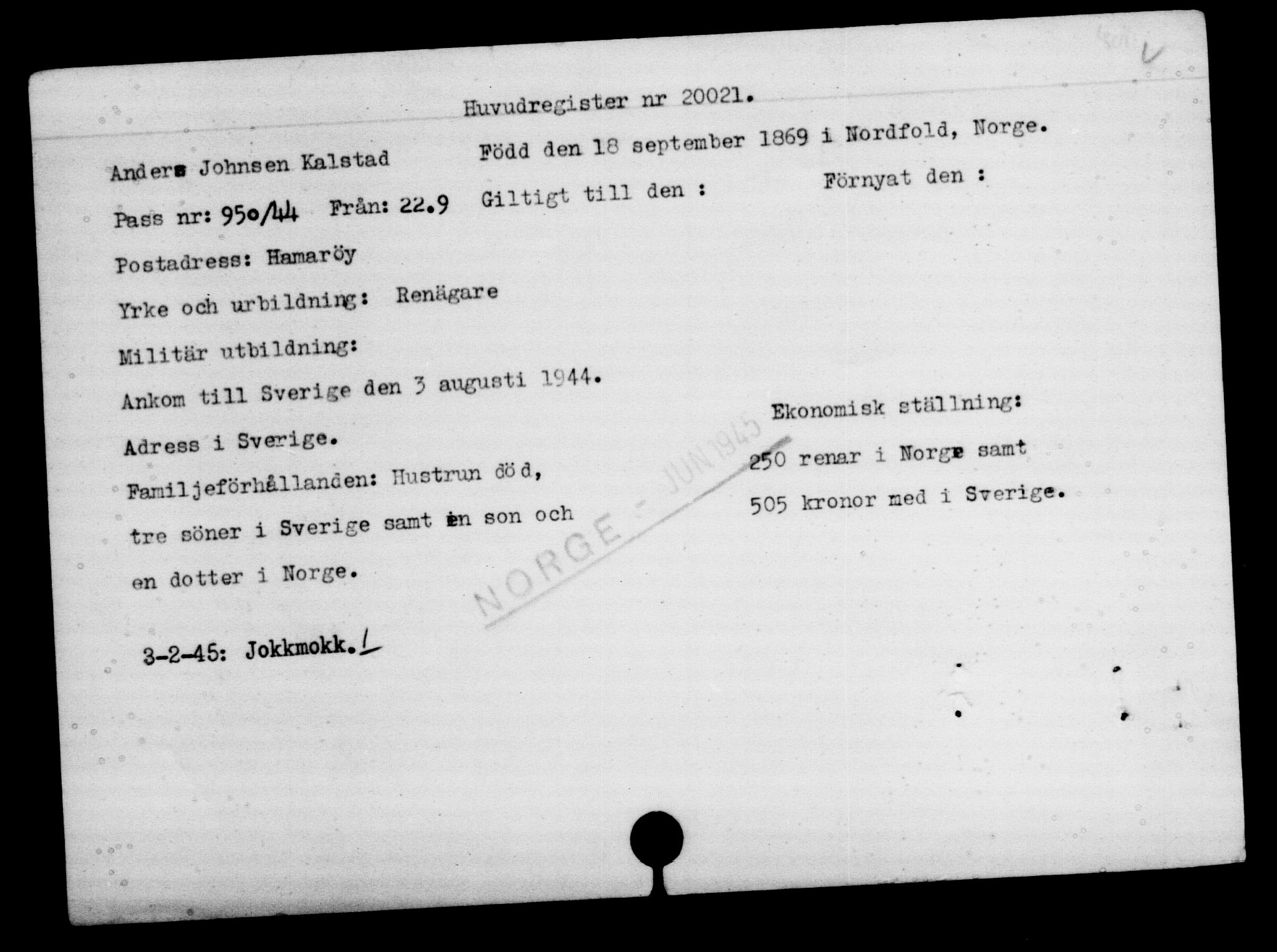 Utenriksstasjonene, Legasjonen i Stockholm, Flyktningkontoret, AV/RA-S-6753/V/Va/L0009: Kjesäterkartoteket, flyktninger med registreringsnr. 18502-22048, 1940-1945, s. 1686