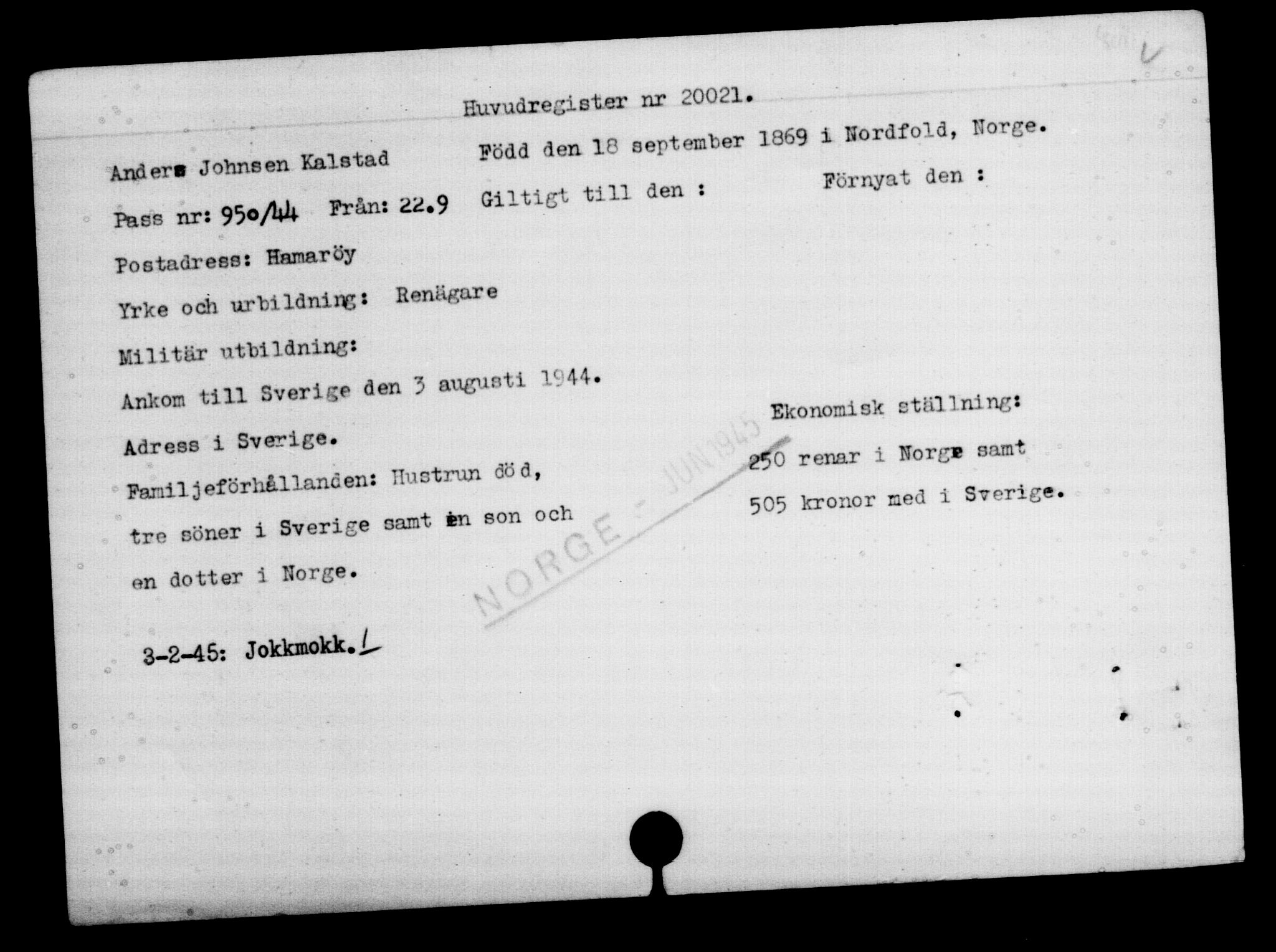 Den Kgl. Norske Legasjons Flyktningskontor, RA/S-6753/V/Va/L0009: Kjesäterkartoteket.  Flyktningenr. 18502-22048, 1940-1945, s. 1686