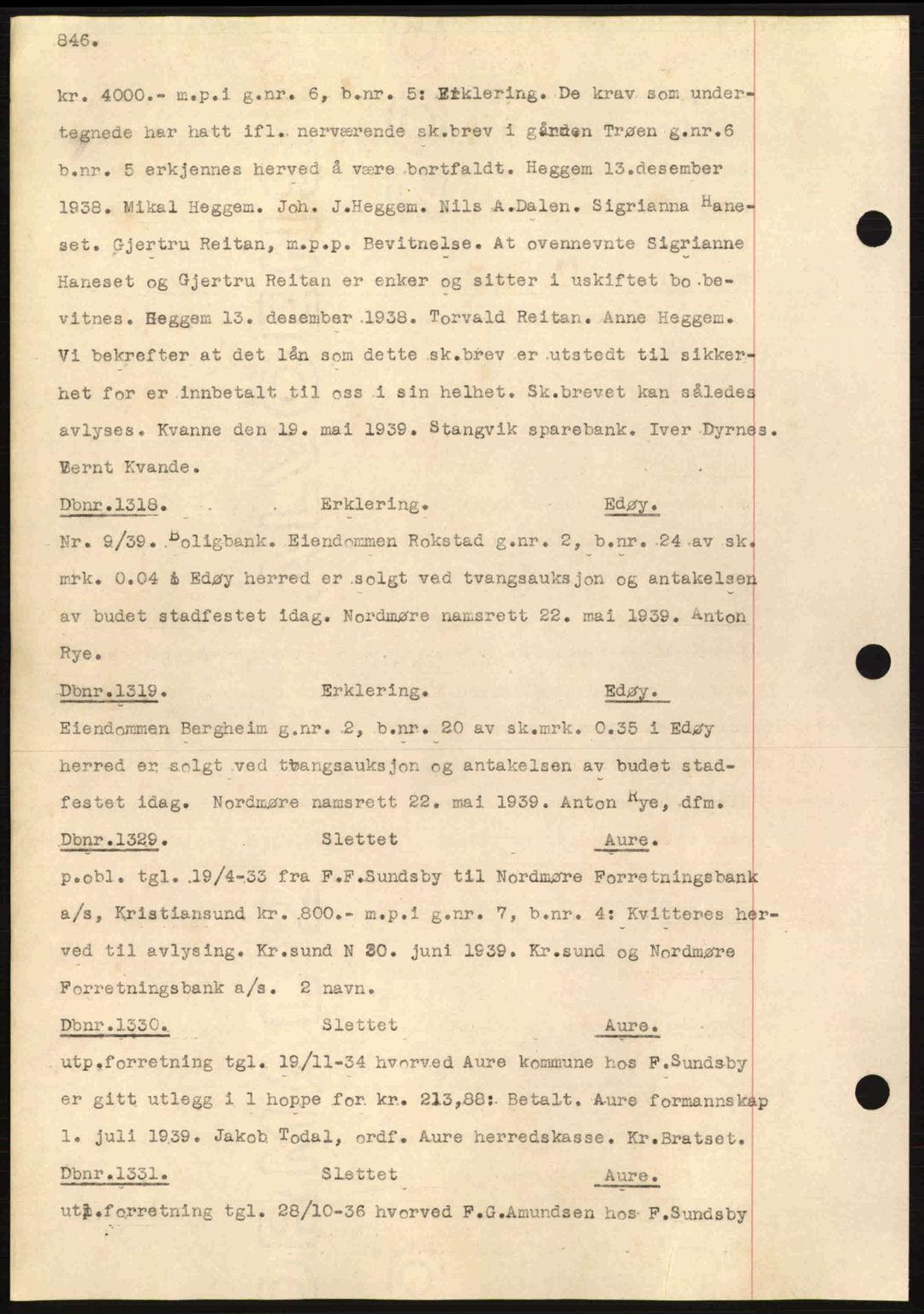 Nordmøre sorenskriveri, SAT/A-4132/1/2/2Ca: Pantebok nr. C80, 1936-1939, Dagboknr: 1318/1939