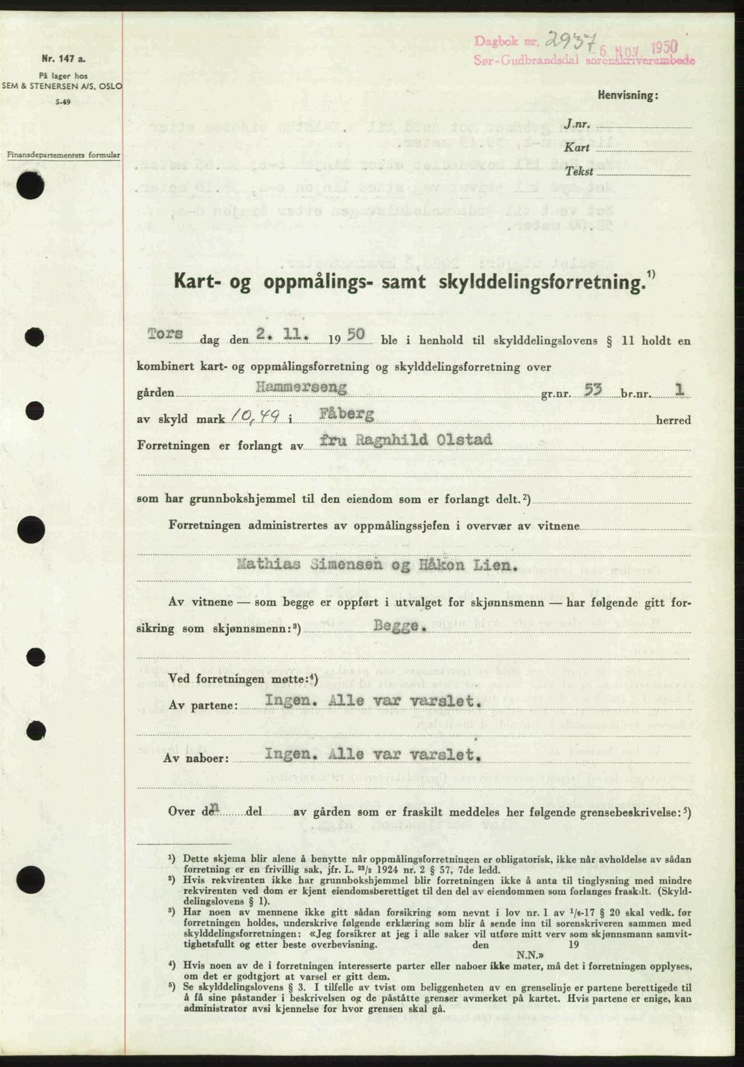 Sør-Gudbrandsdal tingrett, SAH/TING-004/H/Hb/Hbd/L0029: Pantebok nr. A29, 1950-1950, Dagboknr: 2937/1950