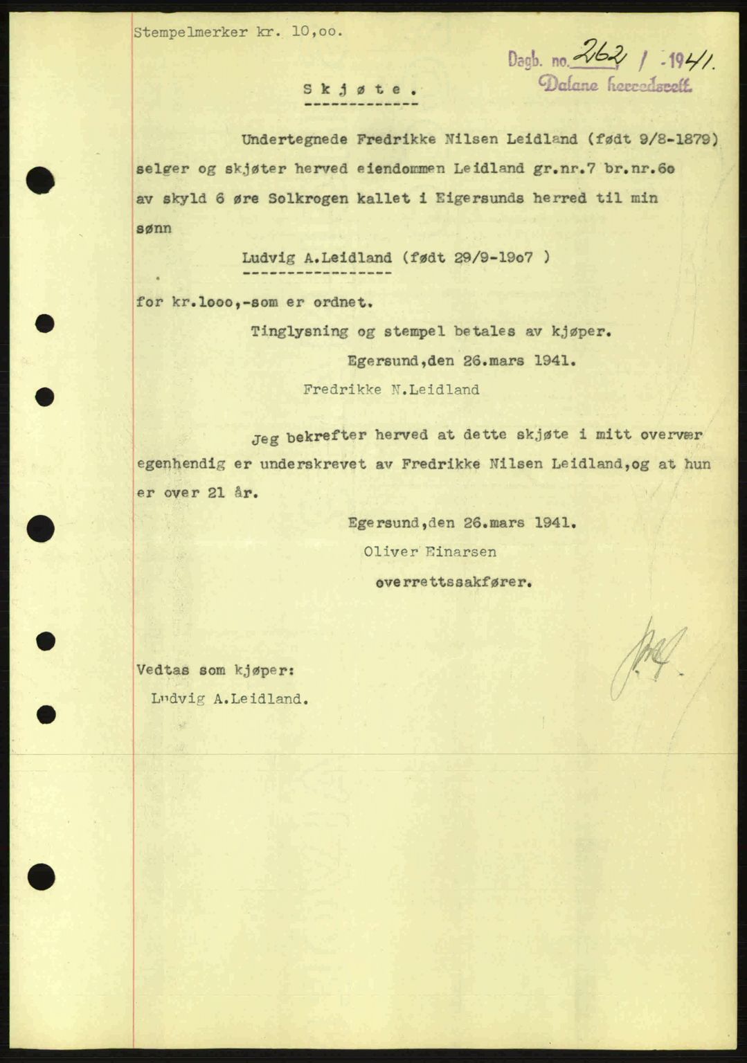 Dalane sorenskriveri, SAST/A-100309/02/G/Gb/L0044: Pantebok nr. A5, 1940-1941, Dagboknr: 262/1941