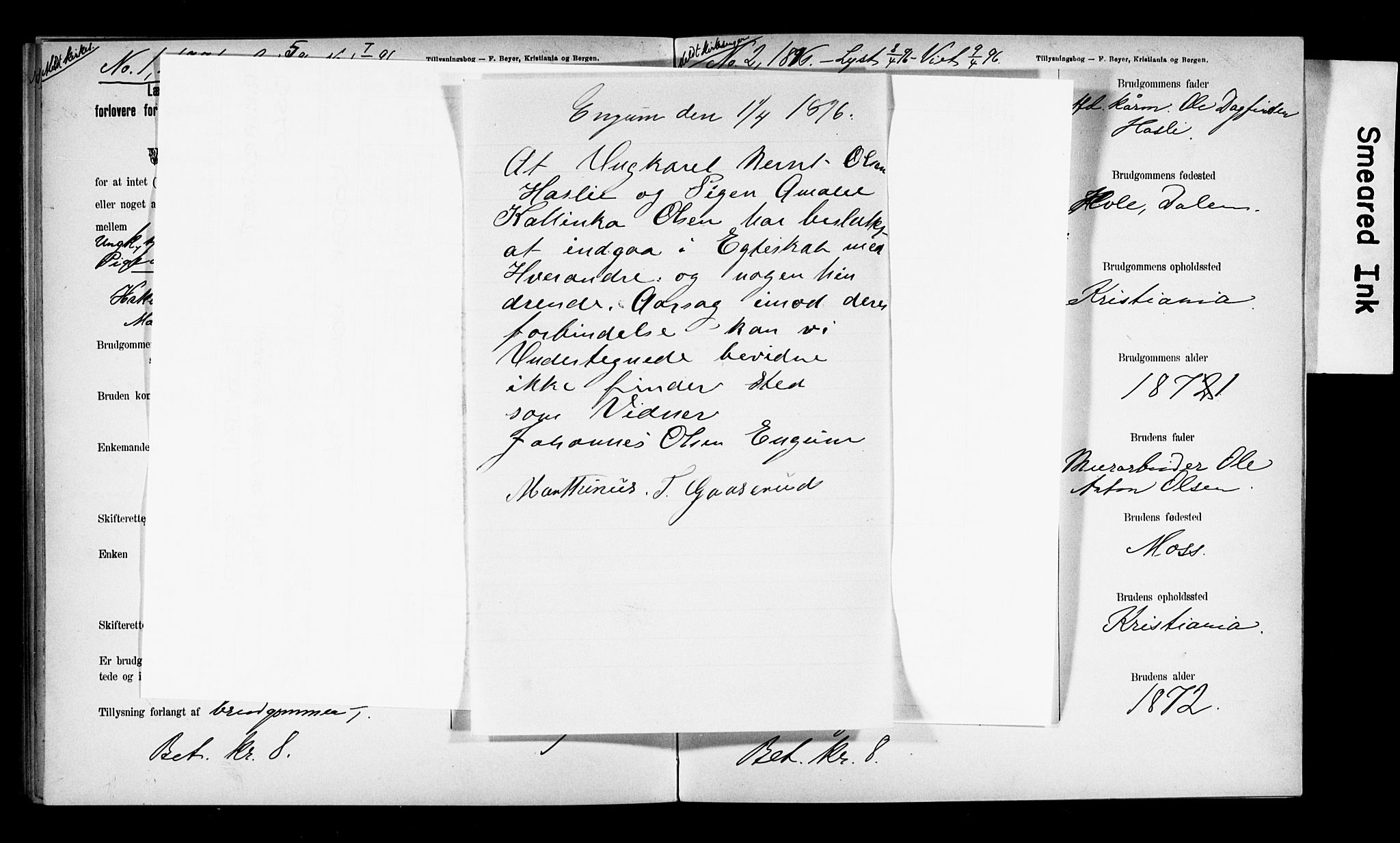 Biri prestekontor, AV/SAH-PREST-096/I/Ie/Iea/L0001/0001: Lysningsprotokoll nr. 1.1, 1892-1896