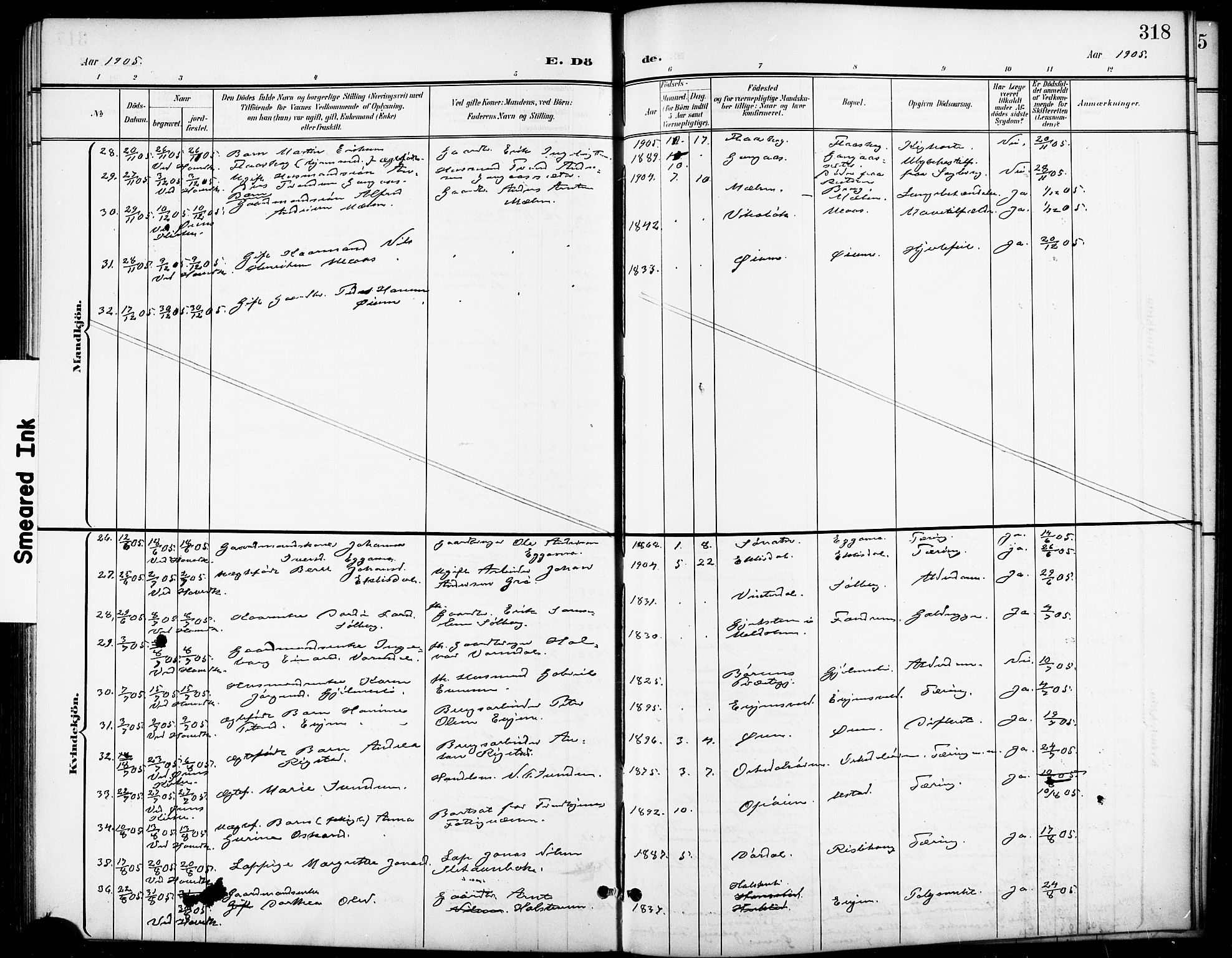 Ministerialprotokoller, klokkerbøker og fødselsregistre - Sør-Trøndelag, SAT/A-1456/668/L0819: Klokkerbok nr. 668C08, 1899-1912, s. 318