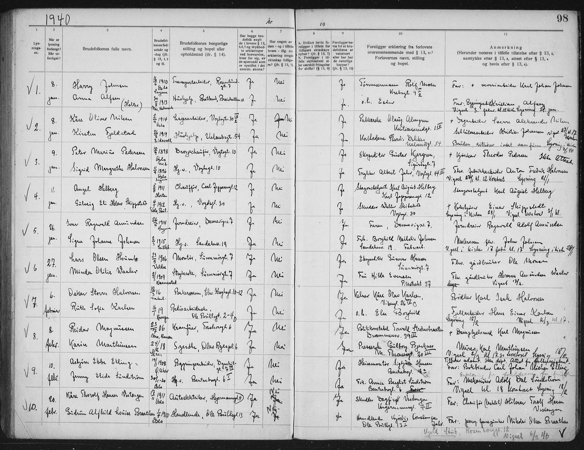 Lilleborg prestekontor Kirkebøker, AV/SAO-A-10343a/H/L0002: Lysningsprotokoll nr. 2, 1919-1940, s. 98
