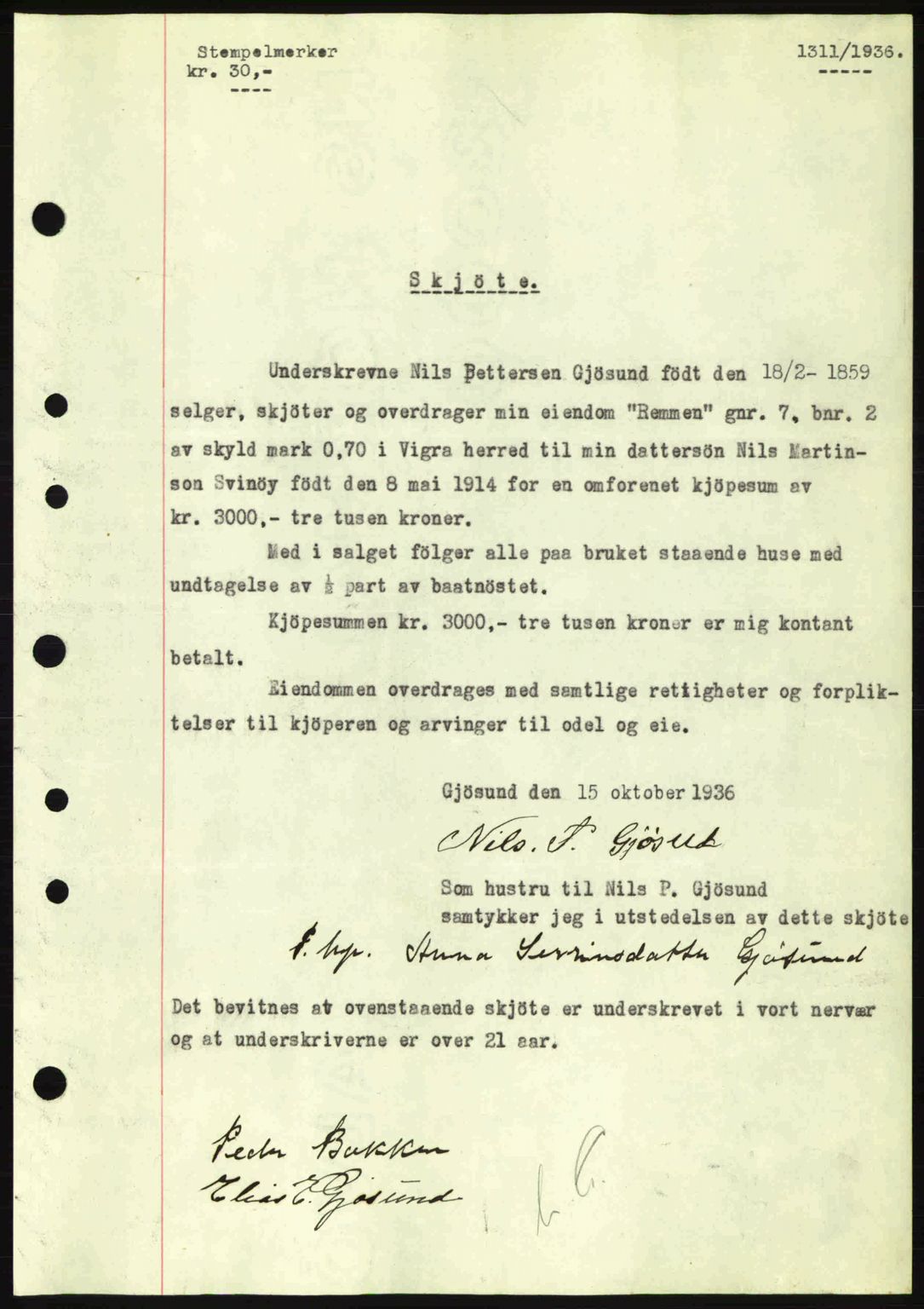 Nordre Sunnmøre sorenskriveri, SAT/A-0006/1/2/2C/2Ca: Pantebok nr. A2, 1936-1937, Dagboknr: 1311/1936