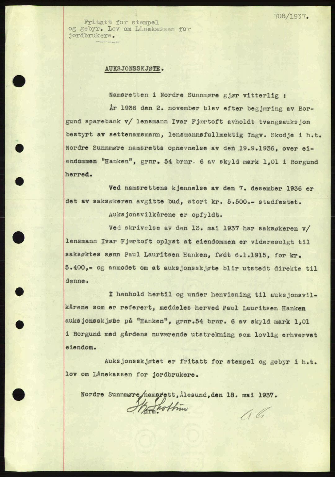 Nordre Sunnmøre sorenskriveri, SAT/A-0006/1/2/2C/2Ca: Pantebok nr. A2, 1936-1937, Dagboknr: 708/1937
