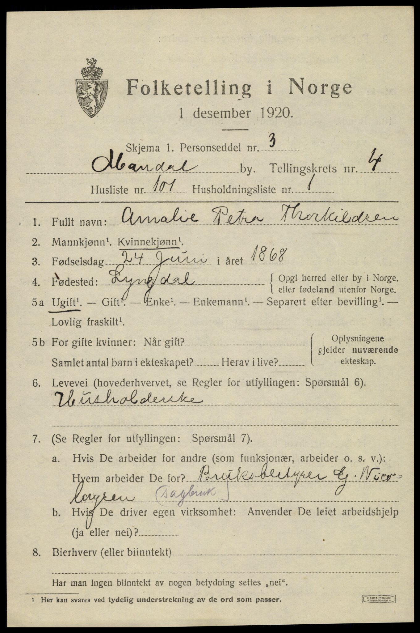 SAK, Folketelling 1920 for 1002 Mandal ladested, 1920, s. 8117