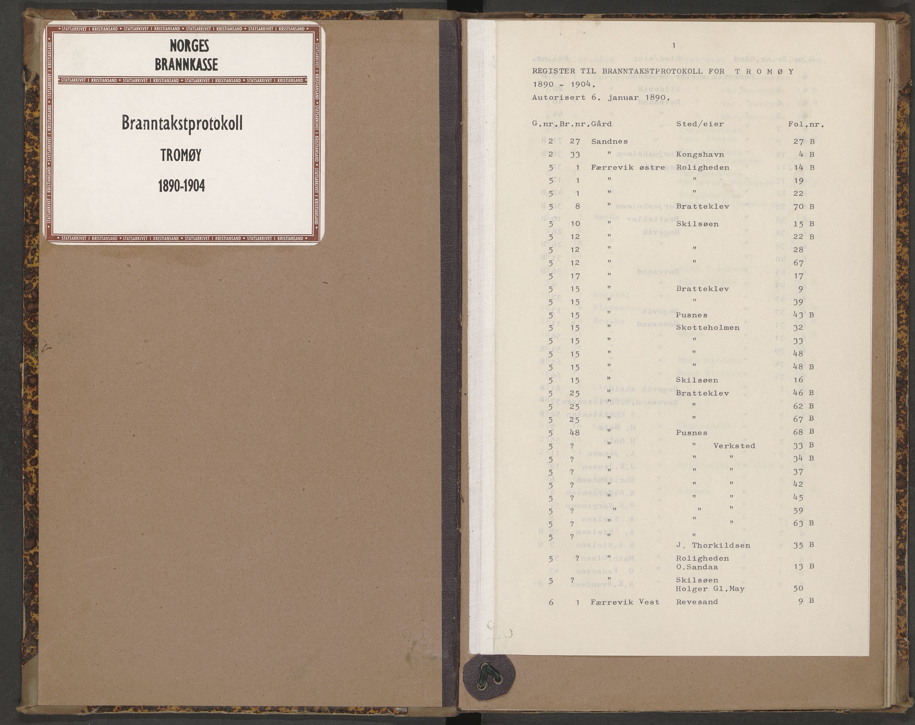 Norges Brannkasse Tromøy, AV/SAK-2241-0049/F/Fa/L0005: Branntakstprotokoll nr. 1c med gårdsnavnregister, 1890-1904