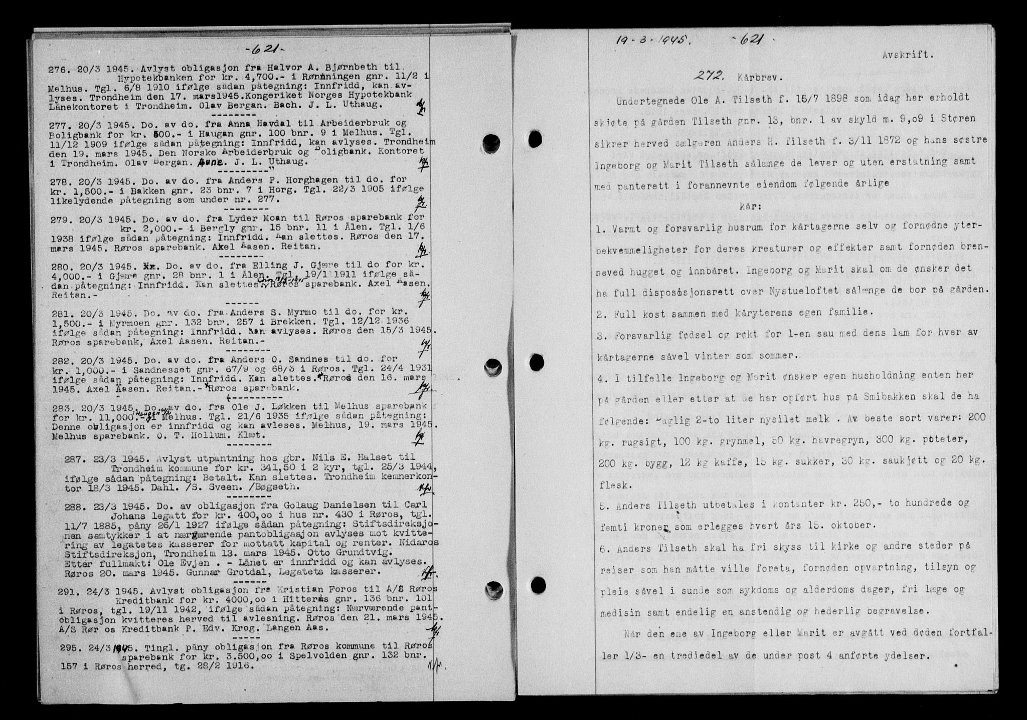 Gauldal sorenskriveri, SAT/A-0014/1/2/2C/L0058: Pantebok nr. 63, 1944-1945, Dagboknr: 272/1945