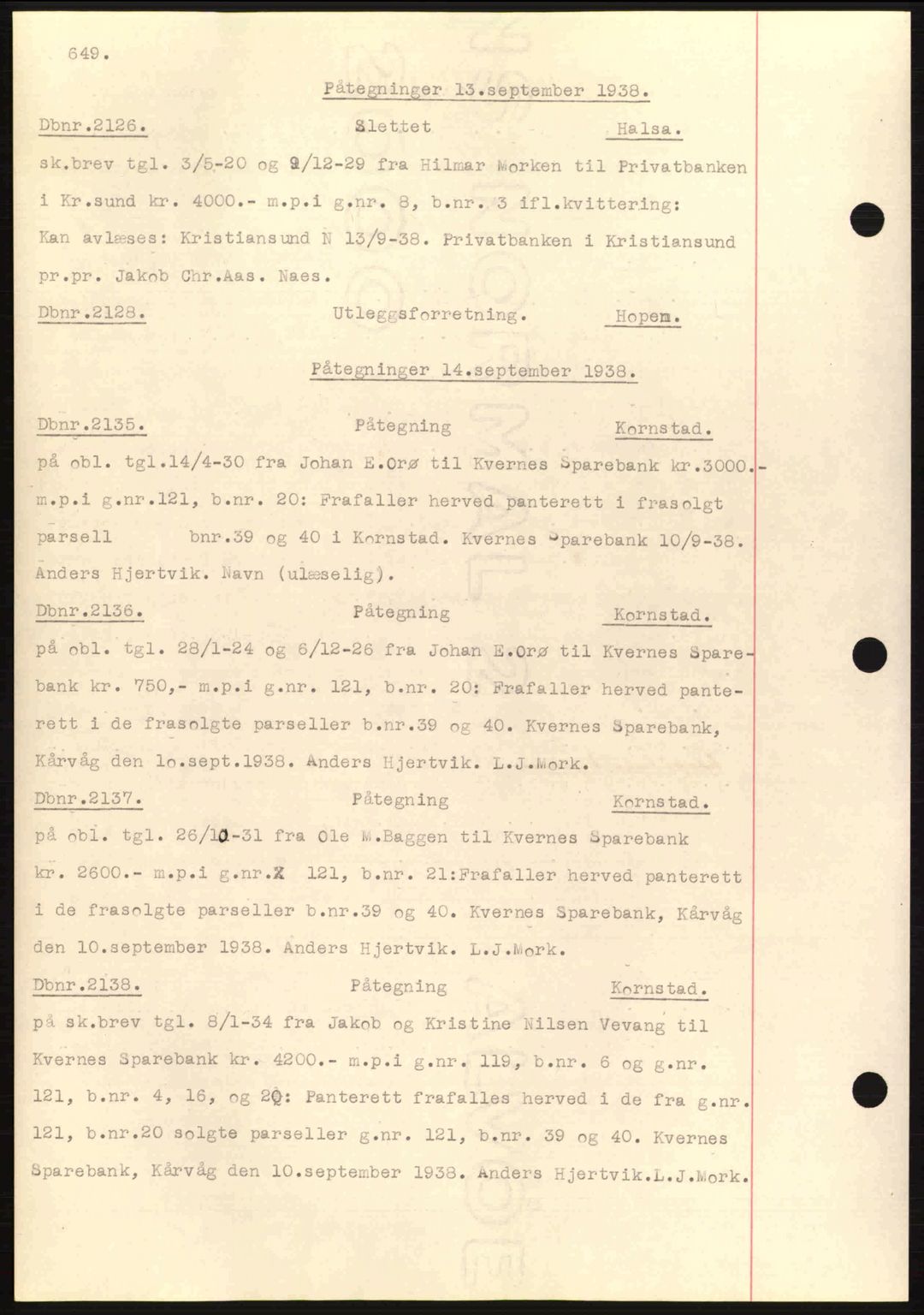 Nordmøre sorenskriveri, SAT/A-4132/1/2/2Ca: Pantebok nr. C80, 1936-1939, Dagboknr: 2126/1938