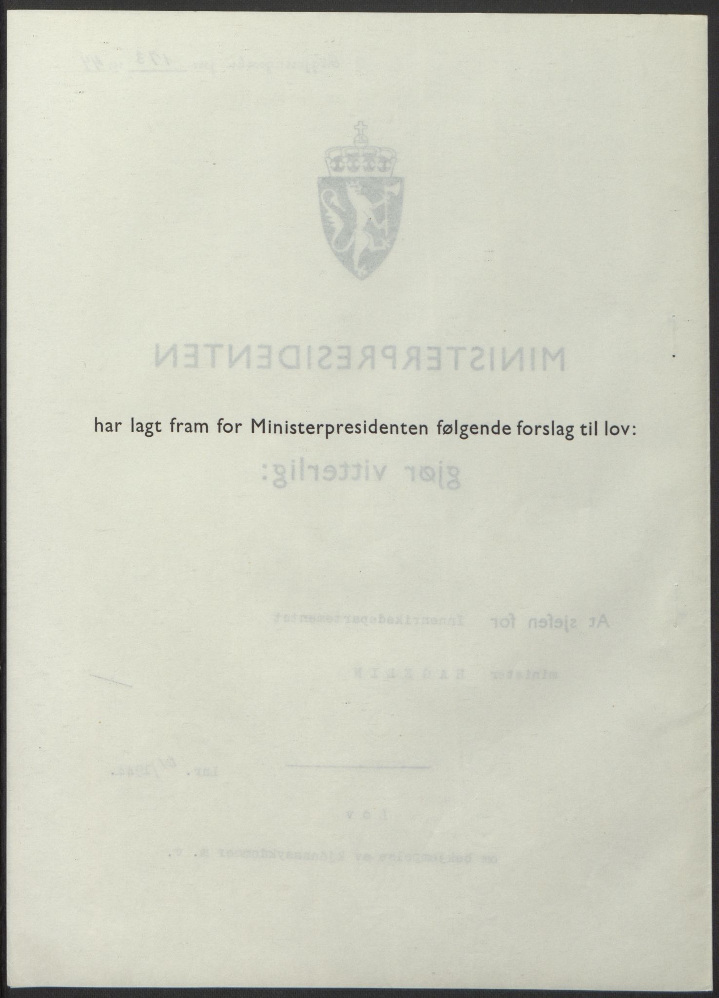 NS-administrasjonen 1940-1945 (Statsrådsekretariatet, de kommisariske statsråder mm), RA/S-4279/D/Db/L0100: Lover, 1944, s. 286