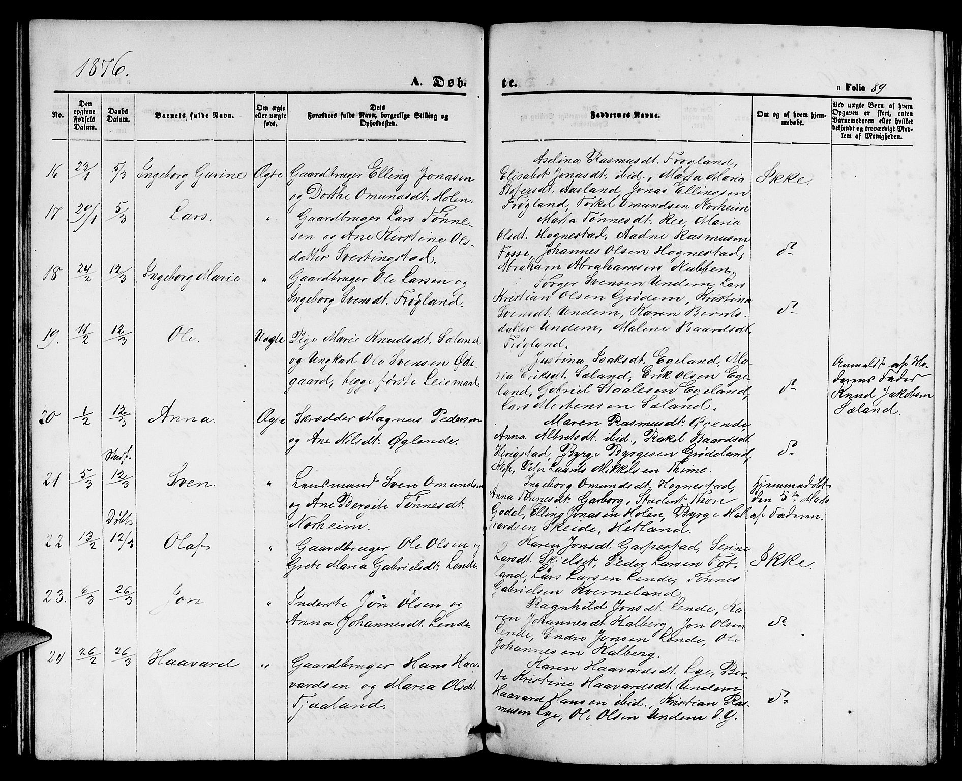 Lye sokneprestkontor, AV/SAST-A-101794/001/30BB/L0004: Klokkerbok nr. B 4, 1868-1878, s. 89