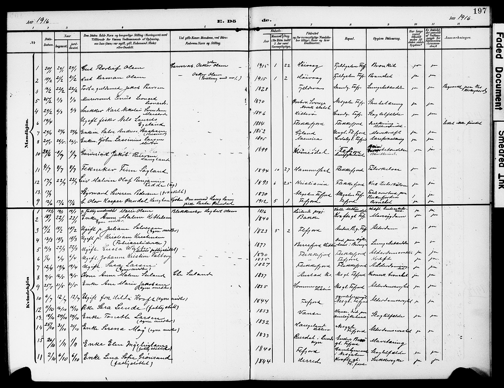 Flekkefjord sokneprestkontor, SAK/1111-0012/F/Fb/Fba/L0001: Klokkerbok nr. B 1, 1903-1931, s. 197