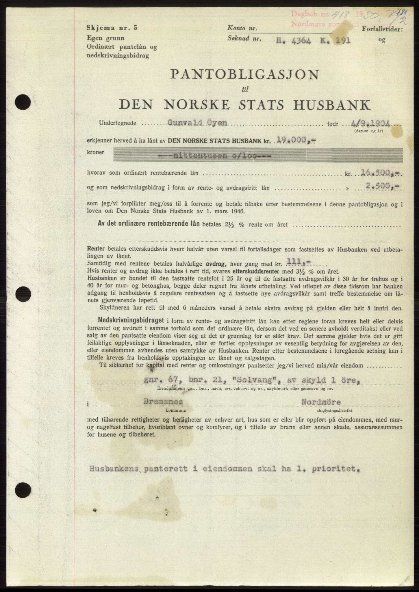 Nordmøre sorenskriveri, SAT/A-4132/1/2/2Ca: Pantebok nr. B103, 1949-1950, Dagboknr: 418/1950