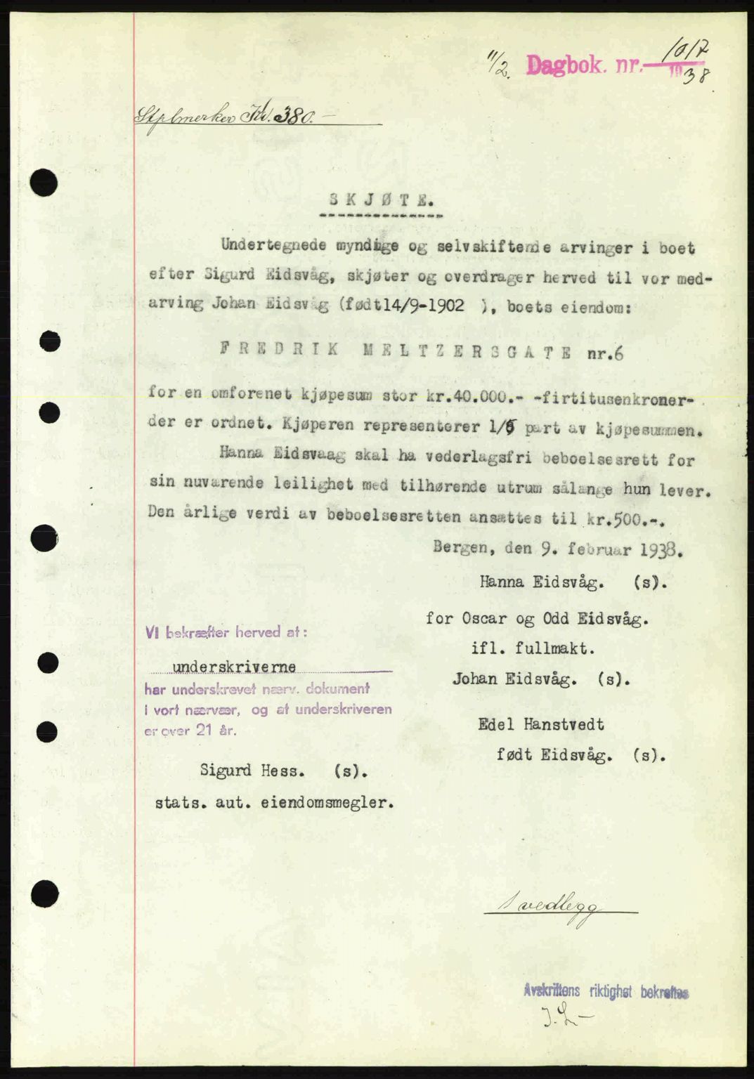 Byfogd og Byskriver i Bergen, SAB/A-3401/03/03Bc/L0006: Pantebok nr. A5, 1937-1938, Dagboknr: 1017/1938
