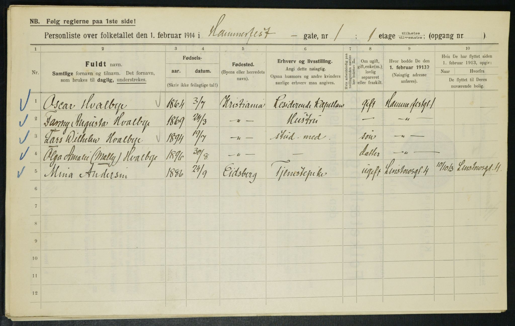 OBA, Kommunal folketelling 1.2.1914 for Kristiania, 1914, s. 34291