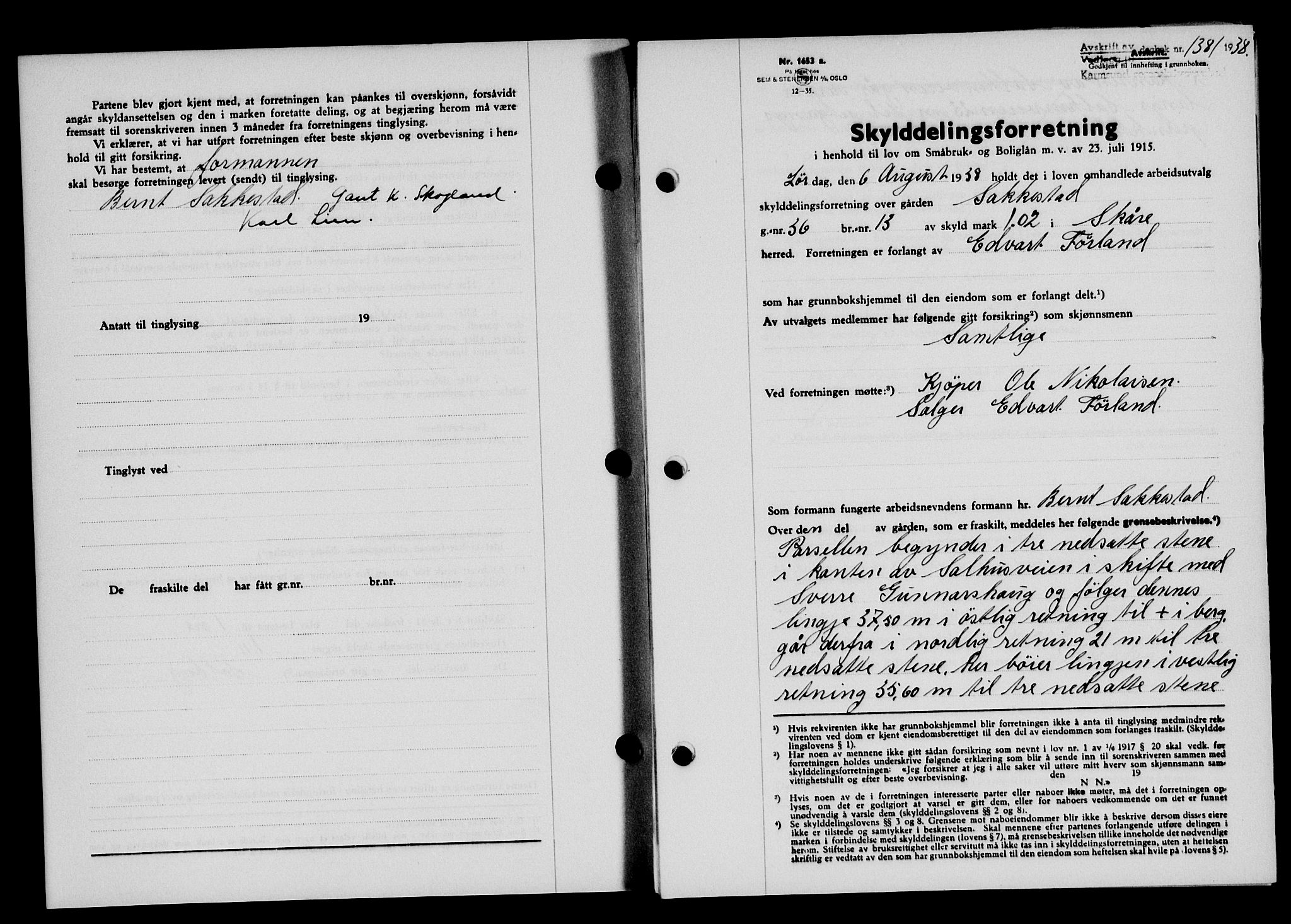 Karmsund sorenskriveri, SAST/A-100311/01/II/IIB/L0070: Pantebok nr. 51A, 1938-1939, Dagboknr: 1381/1938