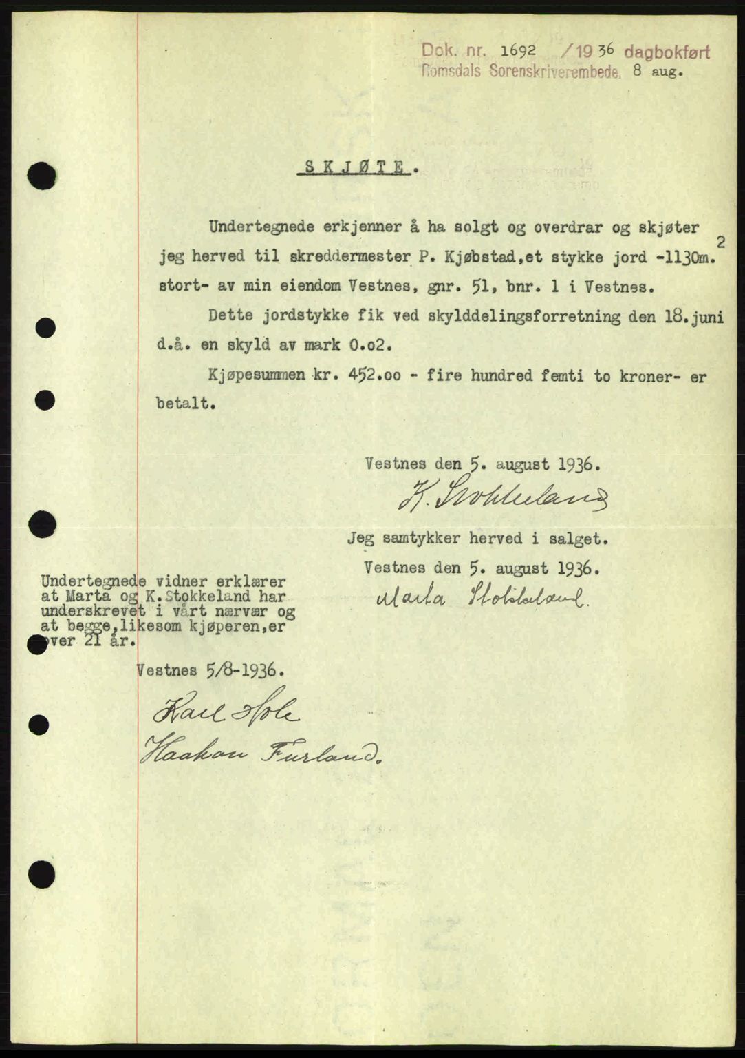 Romsdal sorenskriveri, SAT/A-4149/1/2/2C: Pantebok nr. A1, 1936-1936, Dagboknr: 1692/1936