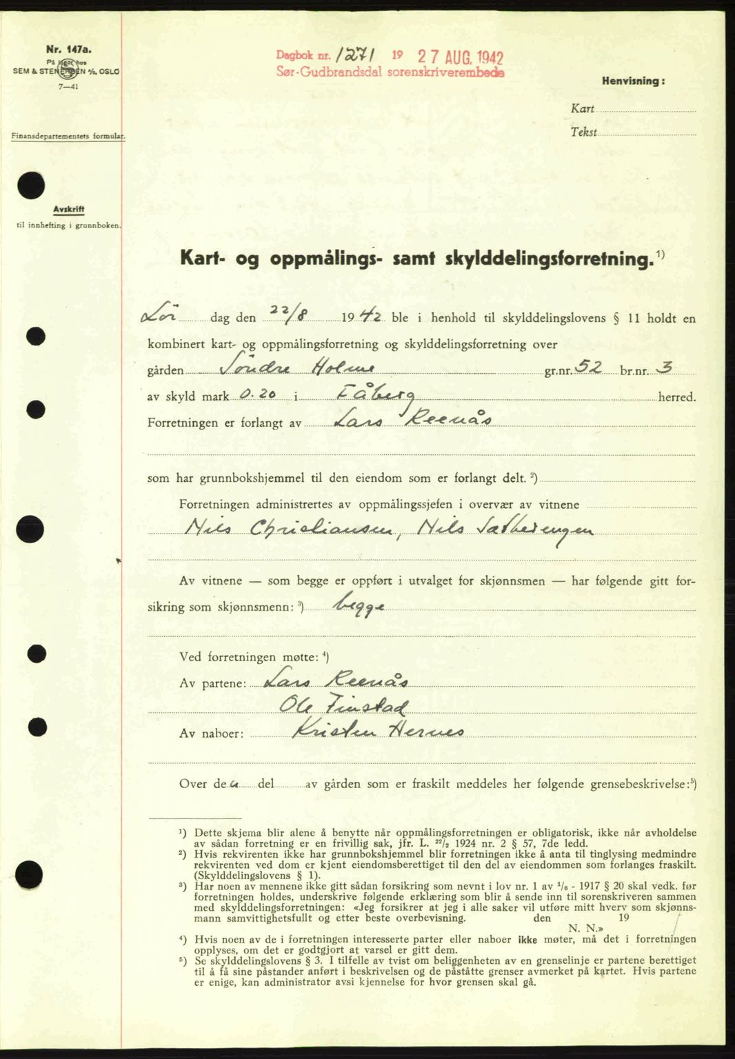 Sør-Gudbrandsdal tingrett, SAH/TING-004/H/Hb/Hbd/L0011: Pantebok nr. A11, 1942-1943, Dagboknr: 1271/1942