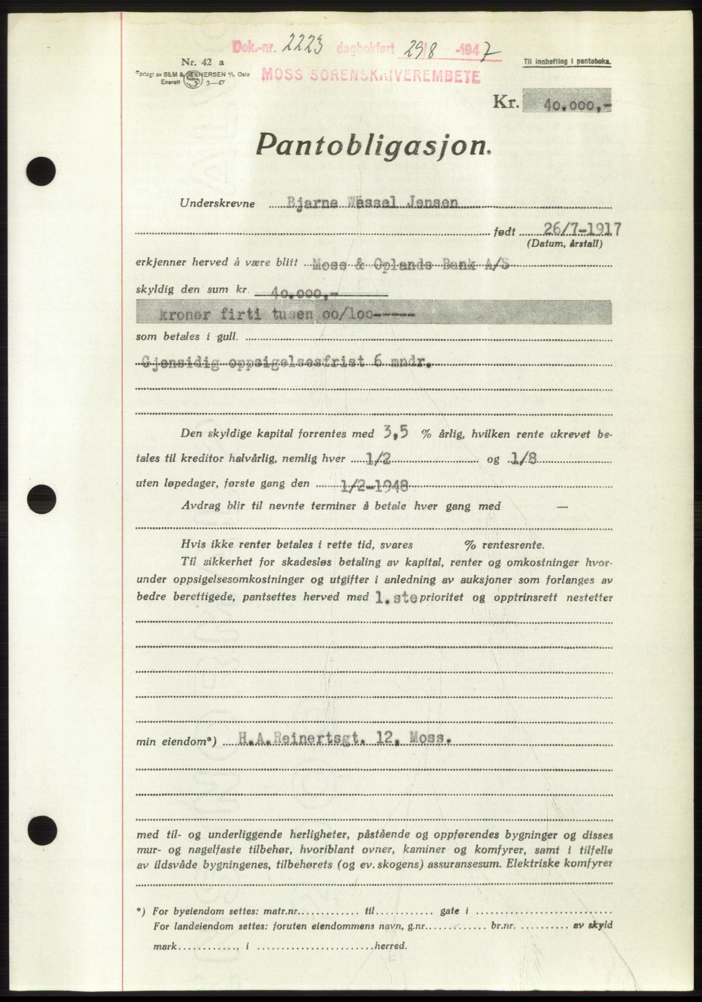 Moss sorenskriveri, SAO/A-10168: Pantebok nr. B17, 1947-1947, Dagboknr: 2223/1947