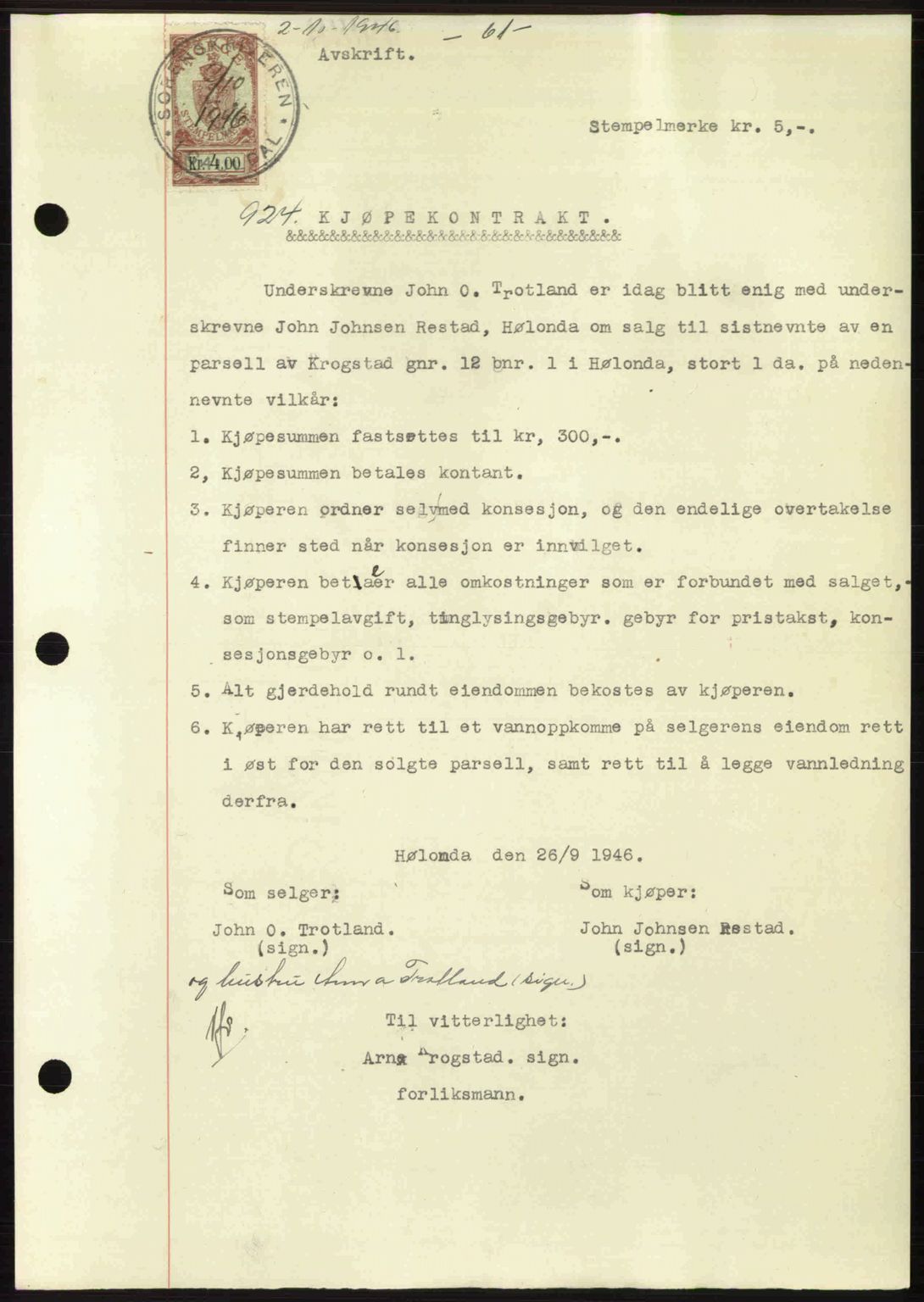 Gauldal sorenskriveri, SAT/A-0014/1/2/2C: Pantebok nr. A2, 1946-1946, Dagboknr: 924/1946