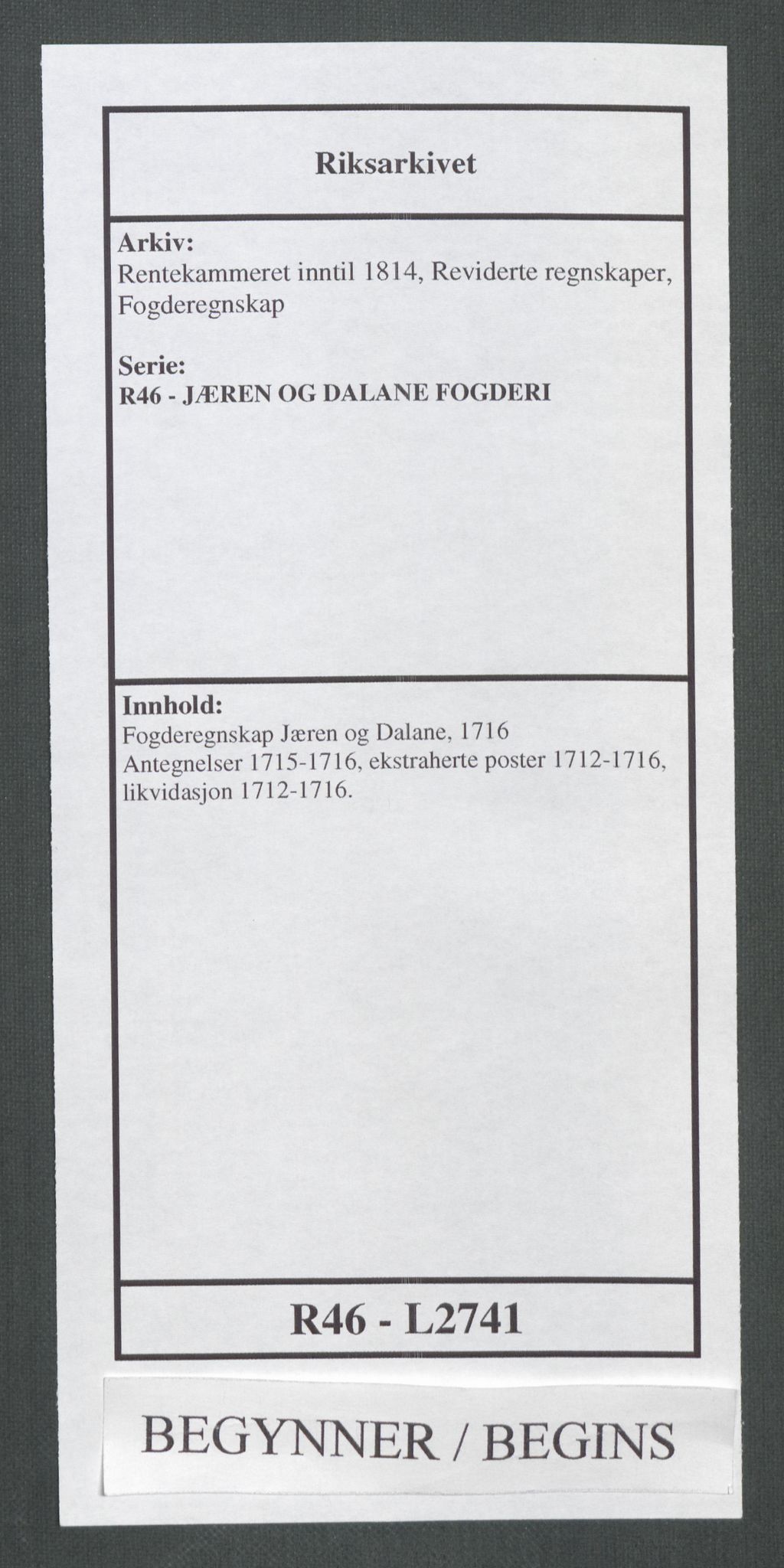 Rentekammeret inntil 1814, Reviderte regnskaper, Fogderegnskap, AV/RA-EA-4092/R46/L2741: Fogderegnskap Jæren og Dalane, 1716, s. 1