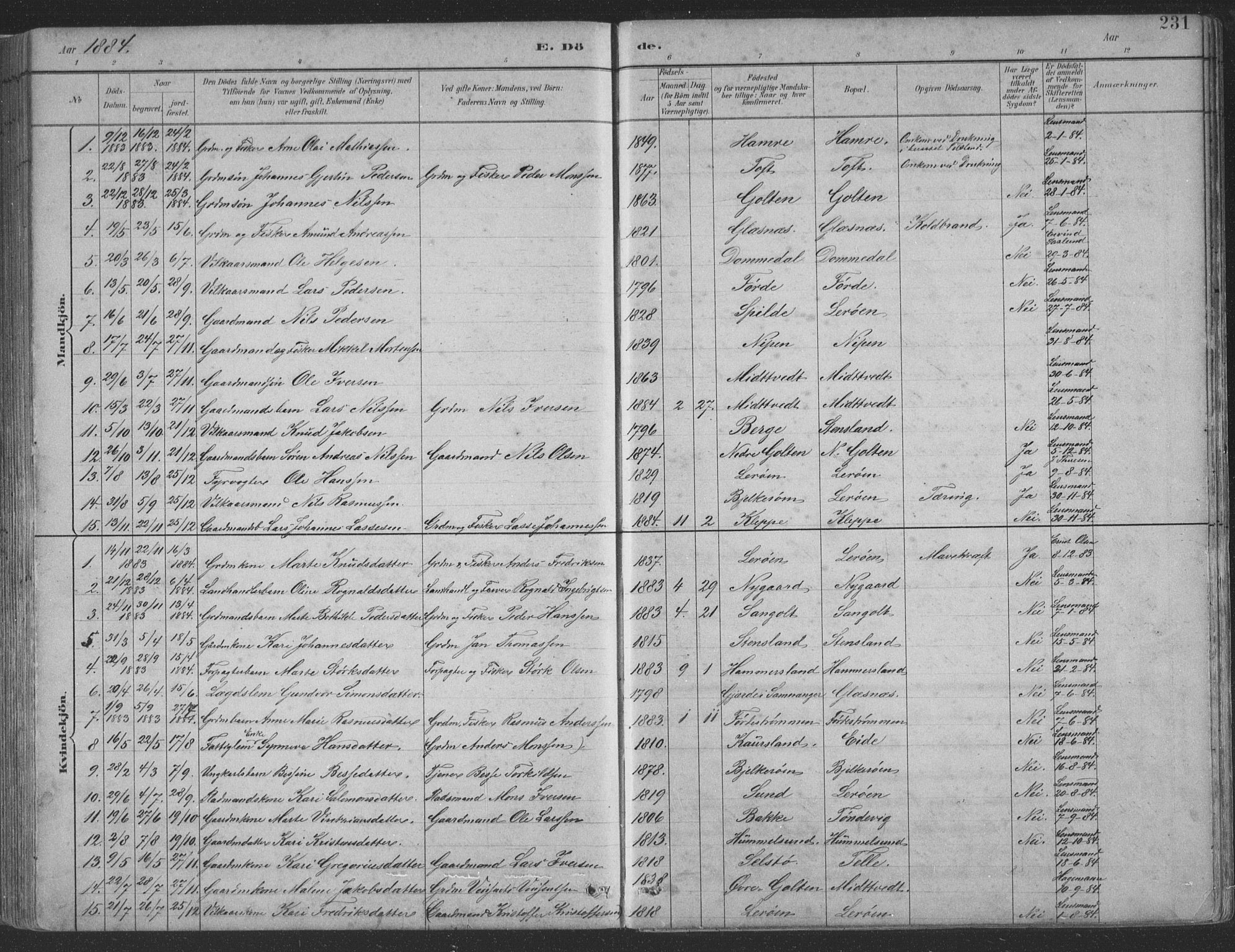 Sund sokneprestembete, AV/SAB-A-99930: Klokkerbok nr. B 3, 1882-1911, s. 231