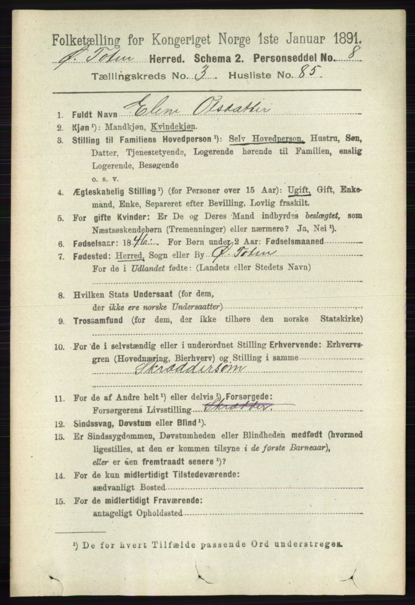 RA, Folketelling 1891 for 0528 Østre Toten herred, 1891, s. 2046