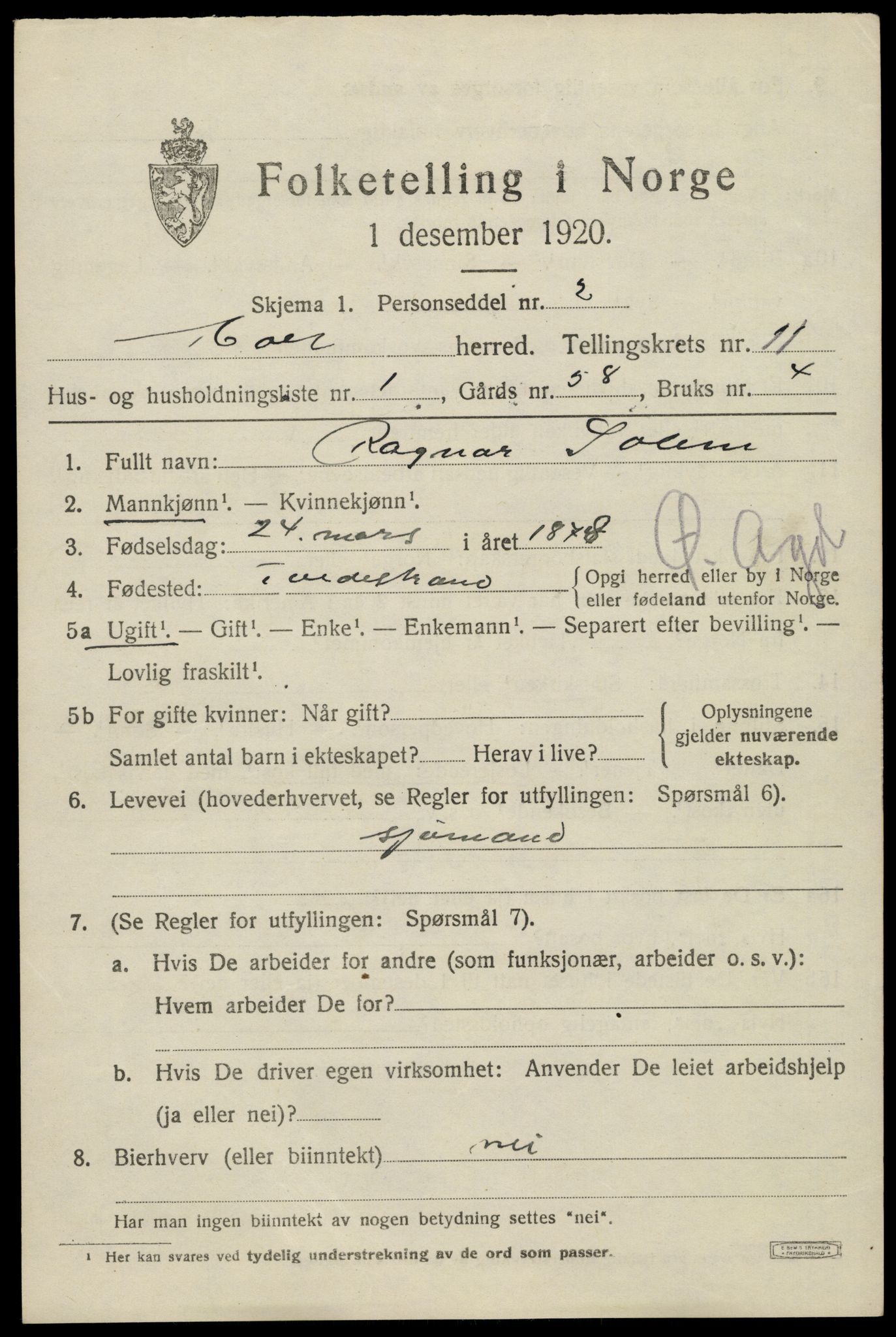 SAK, Folketelling 1920 for 0914 Holt herred, 1920, s. 6188