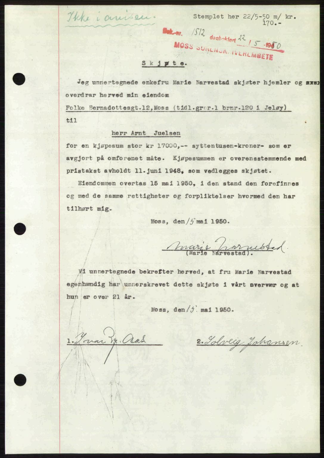 Moss sorenskriveri, SAO/A-10168: Pantebok nr. A26, 1950-1950, Dagboknr: 1512/1950