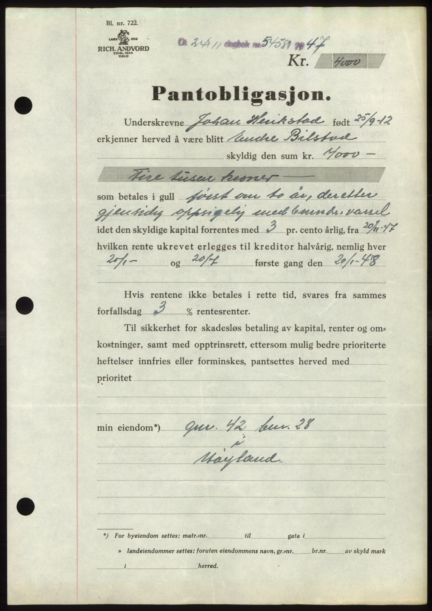 Jæren sorenskriveri, SAST/A-100310/03/G/Gba/L0096: Pantebok, 1947-1947, Dagboknr: 5458/1947