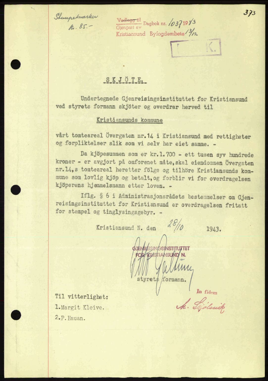 Kristiansund byfogd, AV/SAT-A-4587/A/27: Pantebok nr. 34, 1941-1945, Dagboknr: 1037/1943