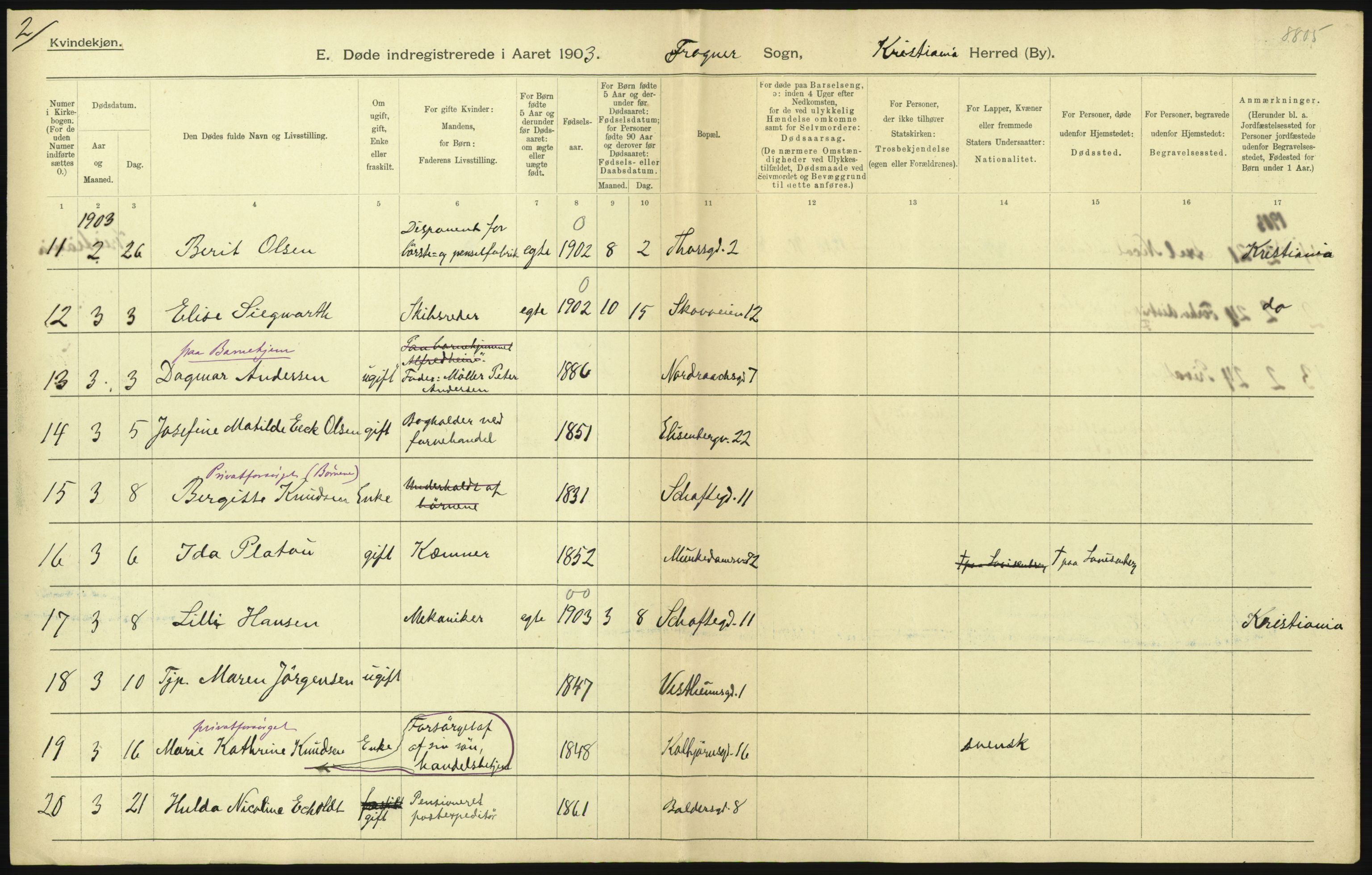 Statistisk sentralbyrå, Sosiodemografiske emner, Befolkning, AV/RA-S-2228/D/Df/Dfa/Dfaa/L0004: Kristiania: Gifte, døde, 1903, s. 207