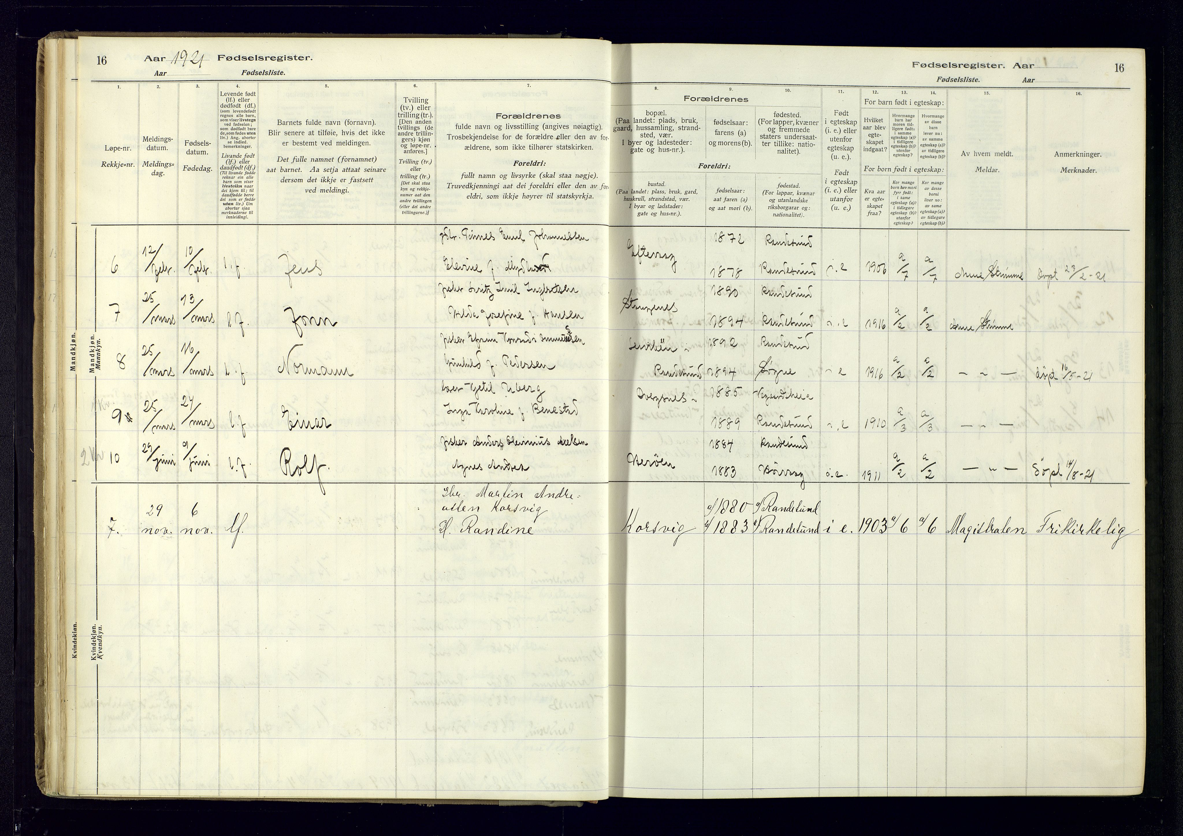 Oddernes sokneprestkontor, AV/SAK-1111-0033/J/Ja/L0007: Fødselsregister nr. 7, 1916-1971, s. 16