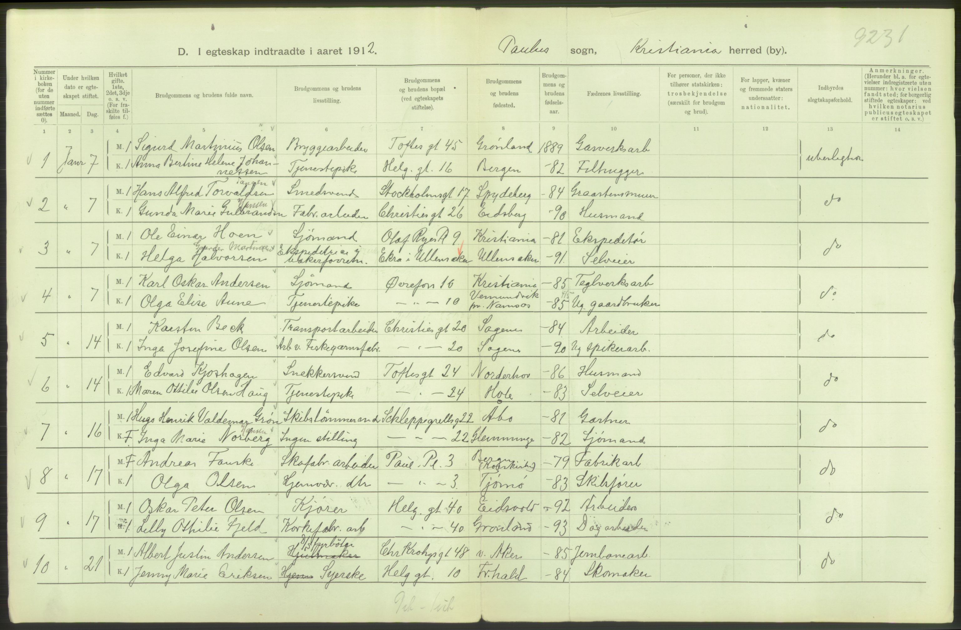 Statistisk sentralbyrå, Sosiodemografiske emner, Befolkning, RA/S-2228/D/Df/Dfb/Dfbb/L0008: Kristiania: Gifte, 1912, s. 358