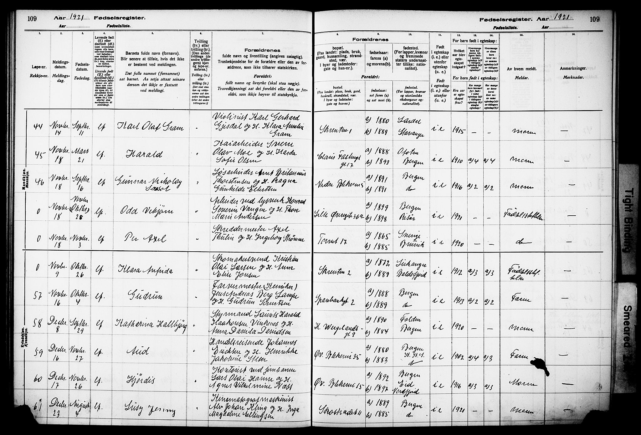 Korskirken sokneprestembete, AV/SAB-A-76101/I/Id/L00A1: Fødselsregister nr. A 1, 1916-1929, s. 109